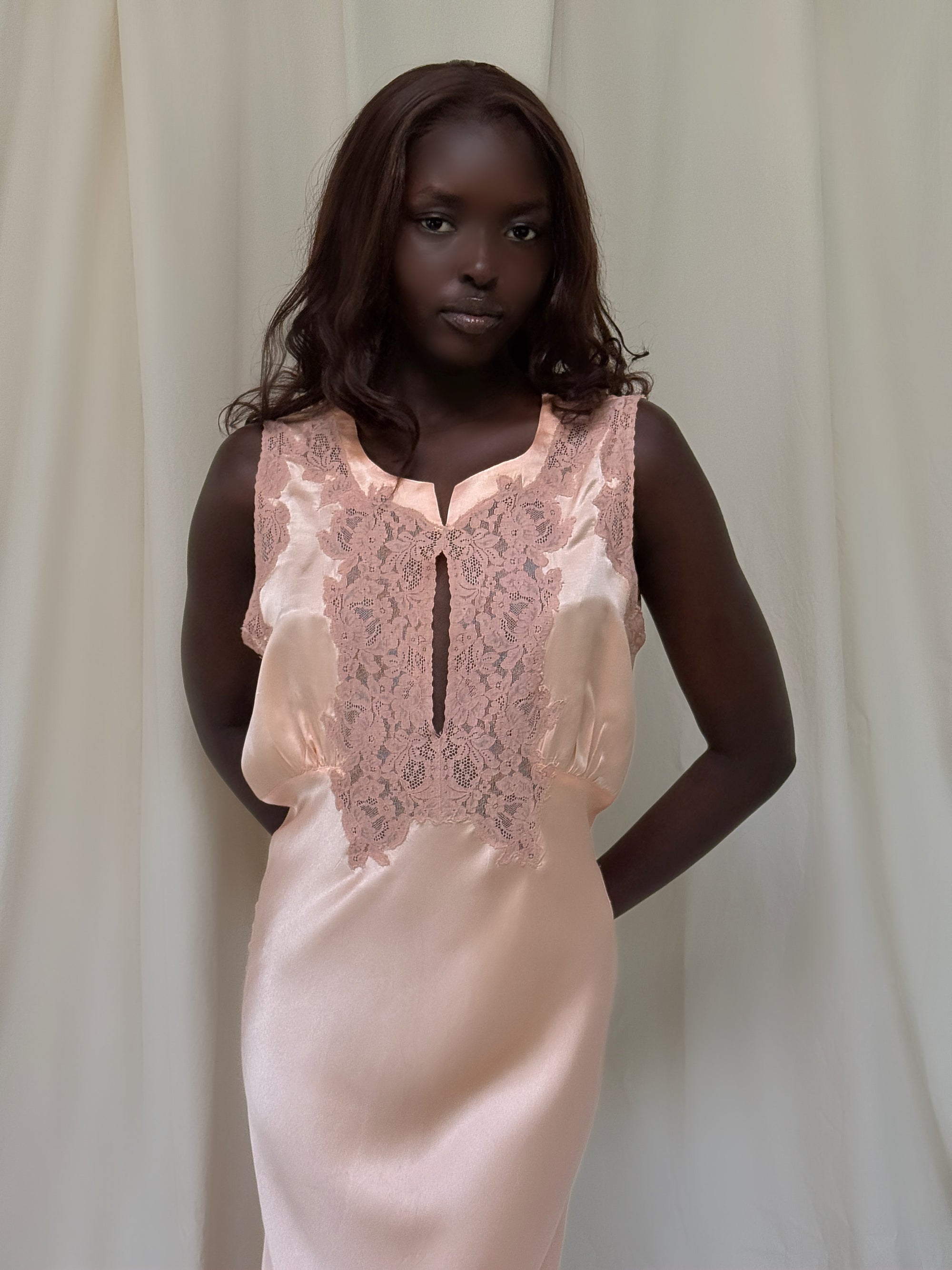 Vintage 1930’s Silk Rayon Bias Cut Lace Slip Dress | Old Hollywood Glamour Keyhole Silk Nightgown