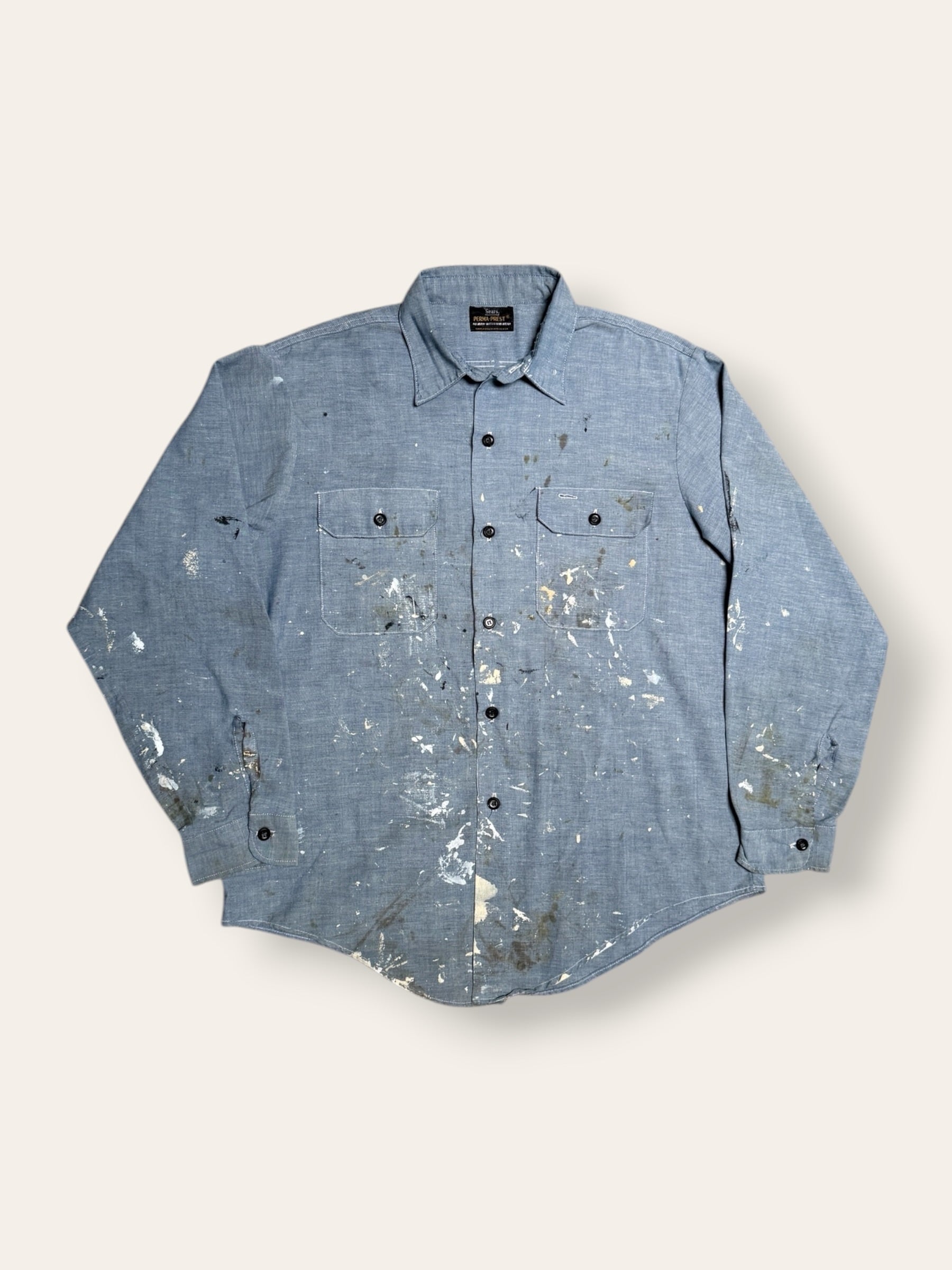 Vintage 1960’s Vintage Chambray Painter Work Shirt | Sears Perma-Prest | Paint Splatter Shirt | Distressed Workwear