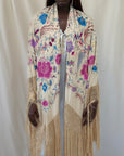 Vintage 1930s Manton de Manila Embroidered Silk Piano Shawl | Floral Bird Butterfly Motif With Long Fringe