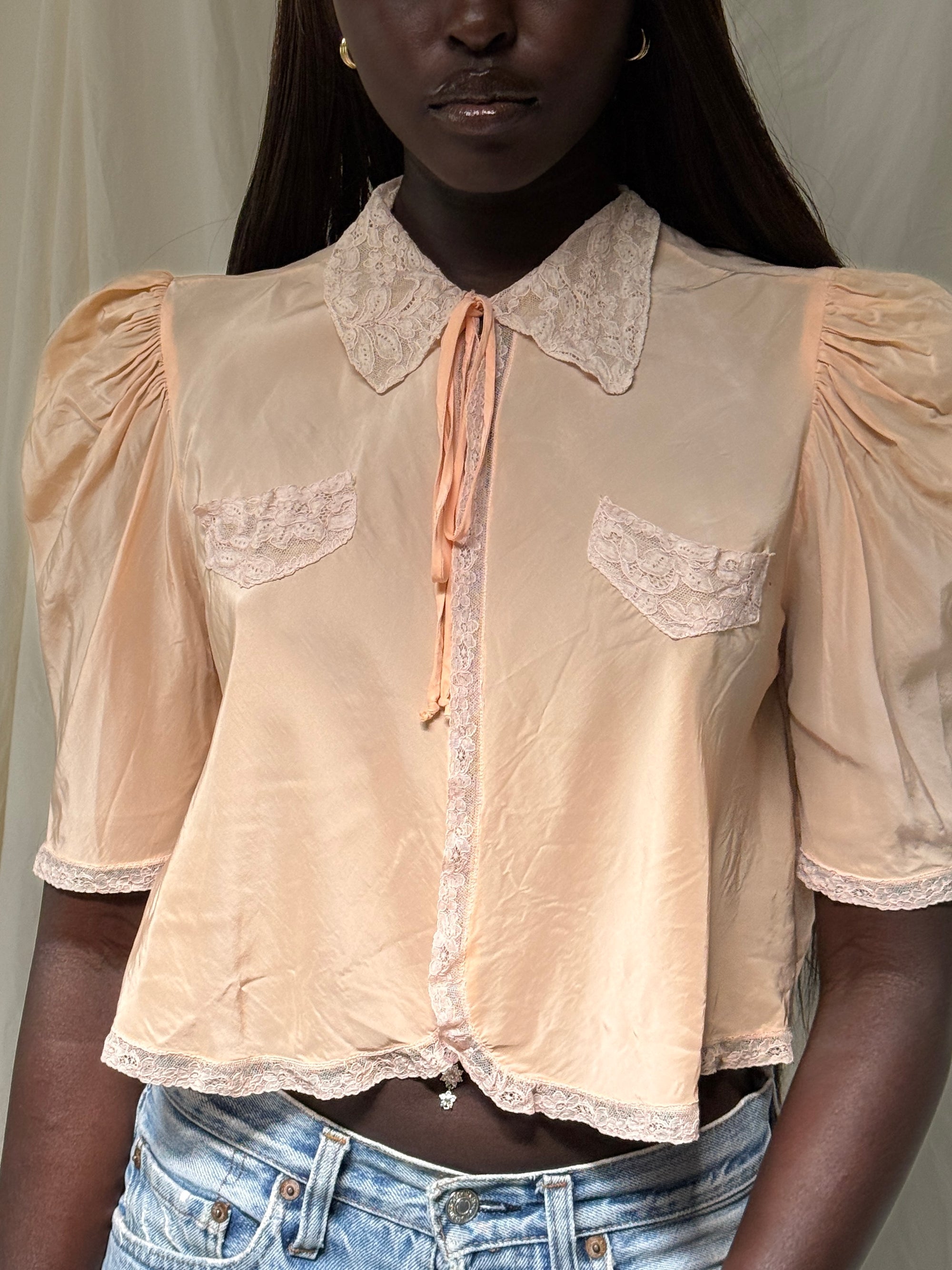 Vintage 1930s Silk &amp; Lace Puff Sleeve Bed Jacket | Romantic Silk Lingerie Top