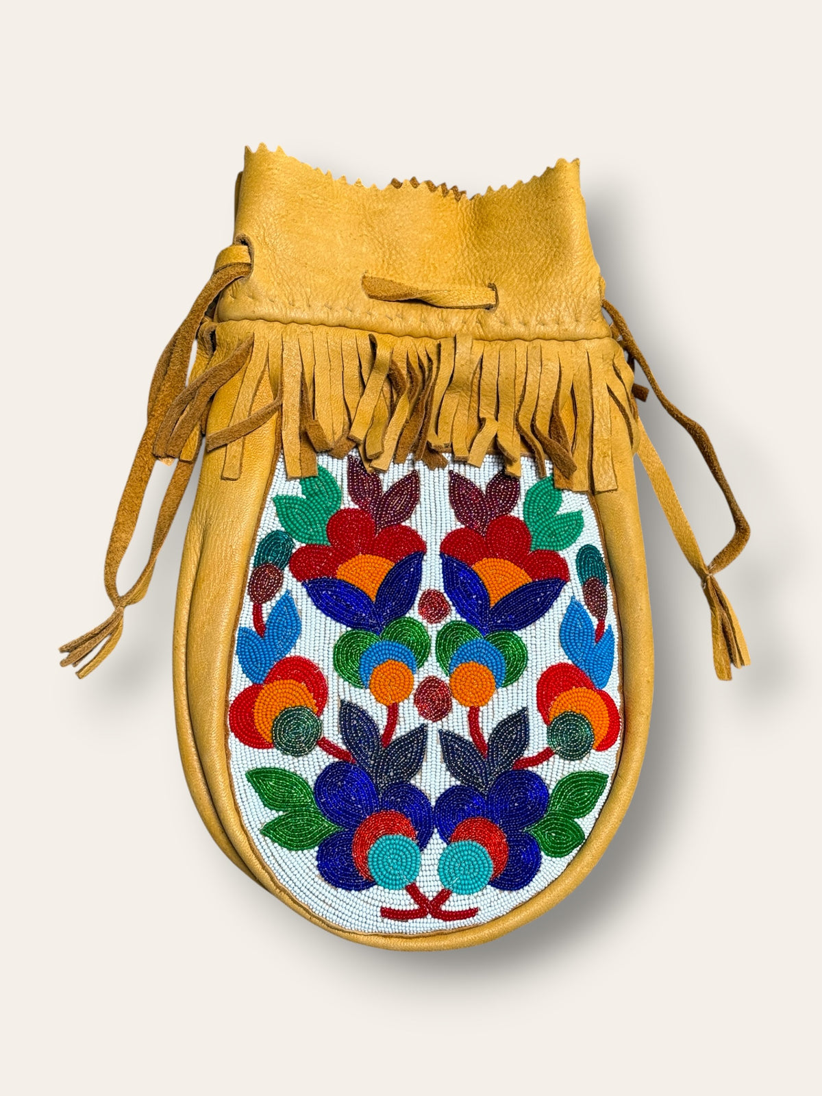 Vintage 1950s Northern Plains Medicine Bag Native American Beaded Leather Bag | Floral Seed Bead Design | Handmade Tribal Art Purse