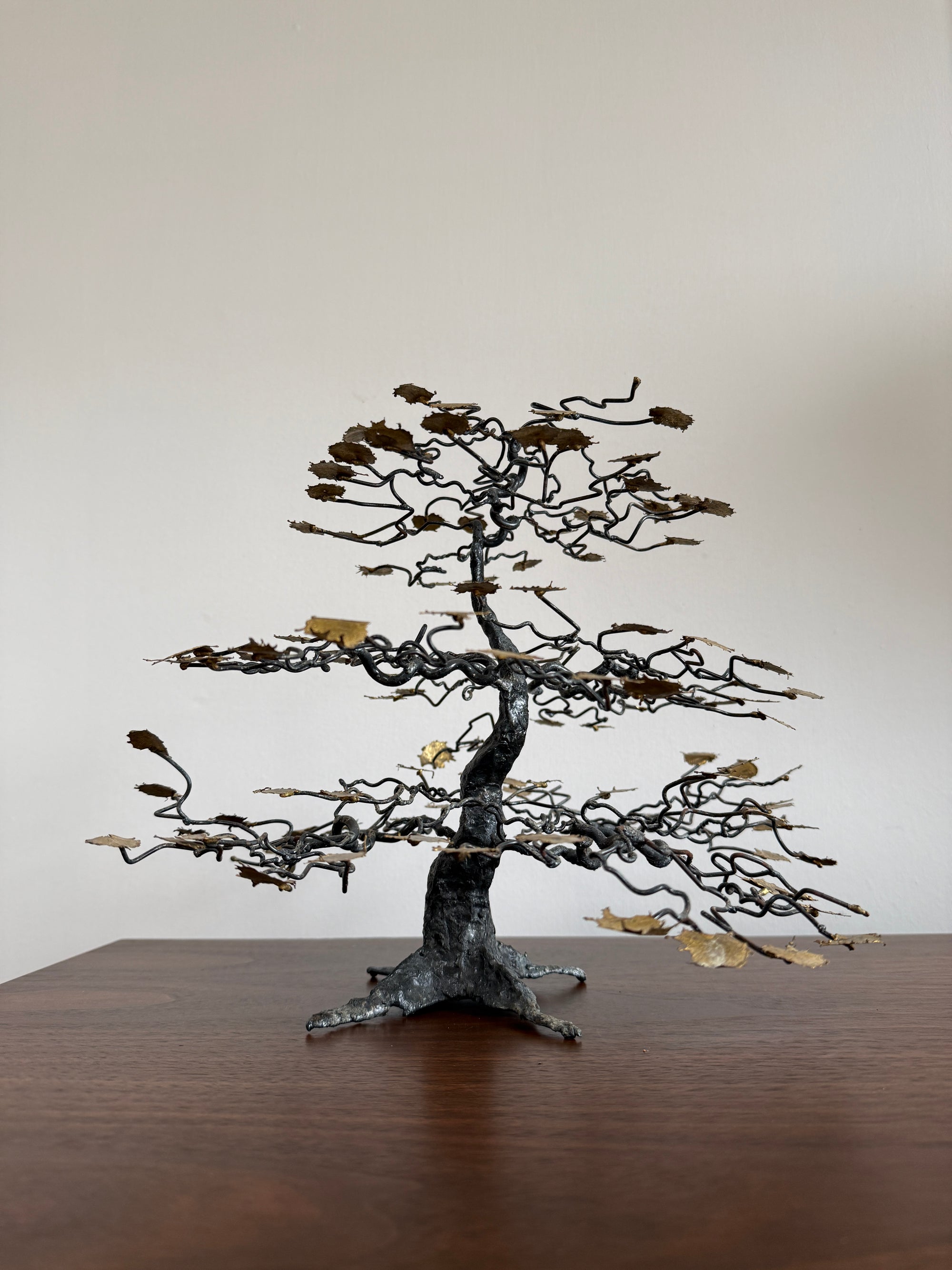 Vintage Brutalist Metal Bonsai Tree Sculpture | Handcrafted Wire Art with Gilt Leaves | Mid Century Modern Decor