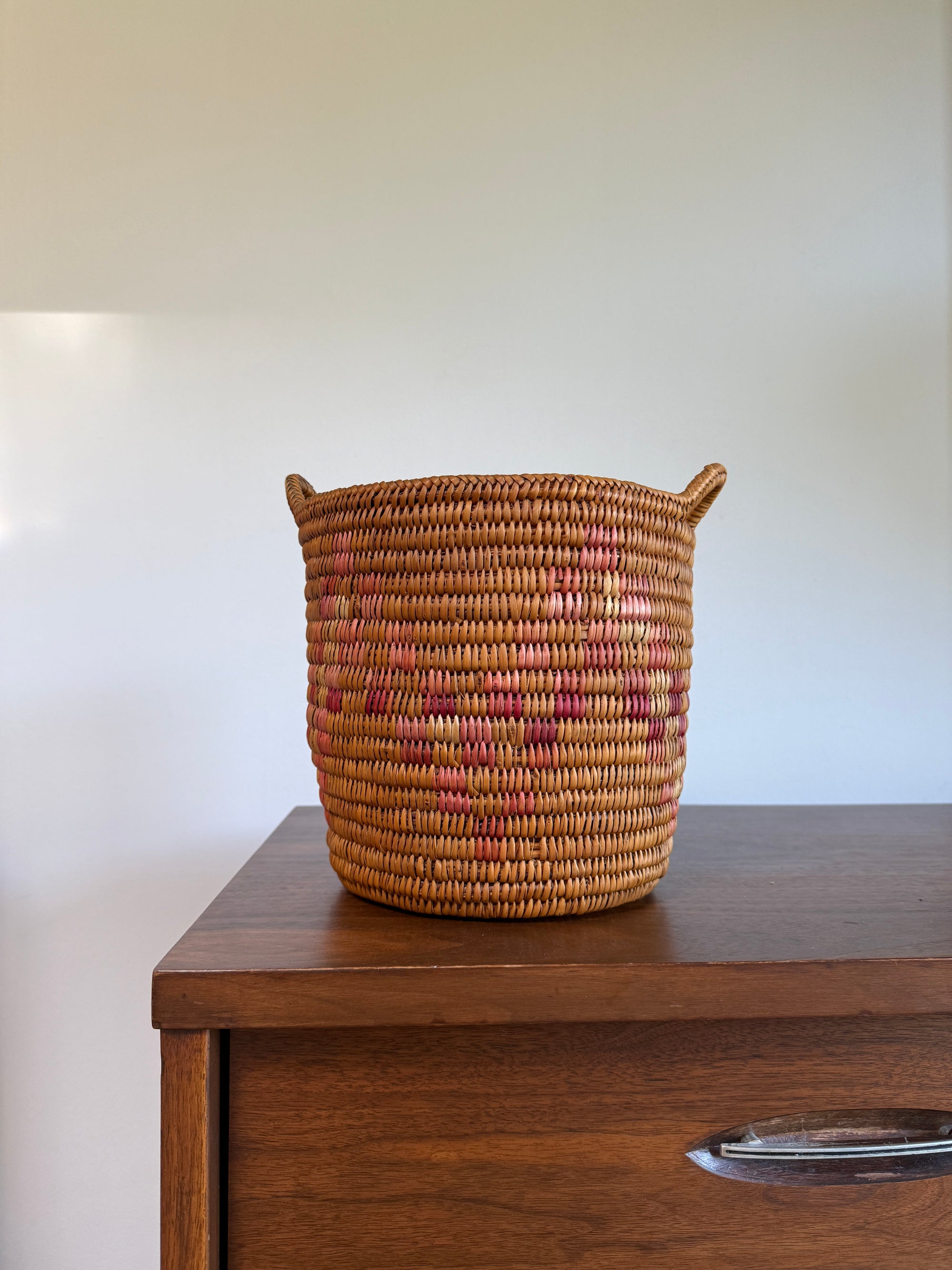 Vintage Jicarilla Apache Coil Handmade Basket With Handles | Native American Pattern Basket