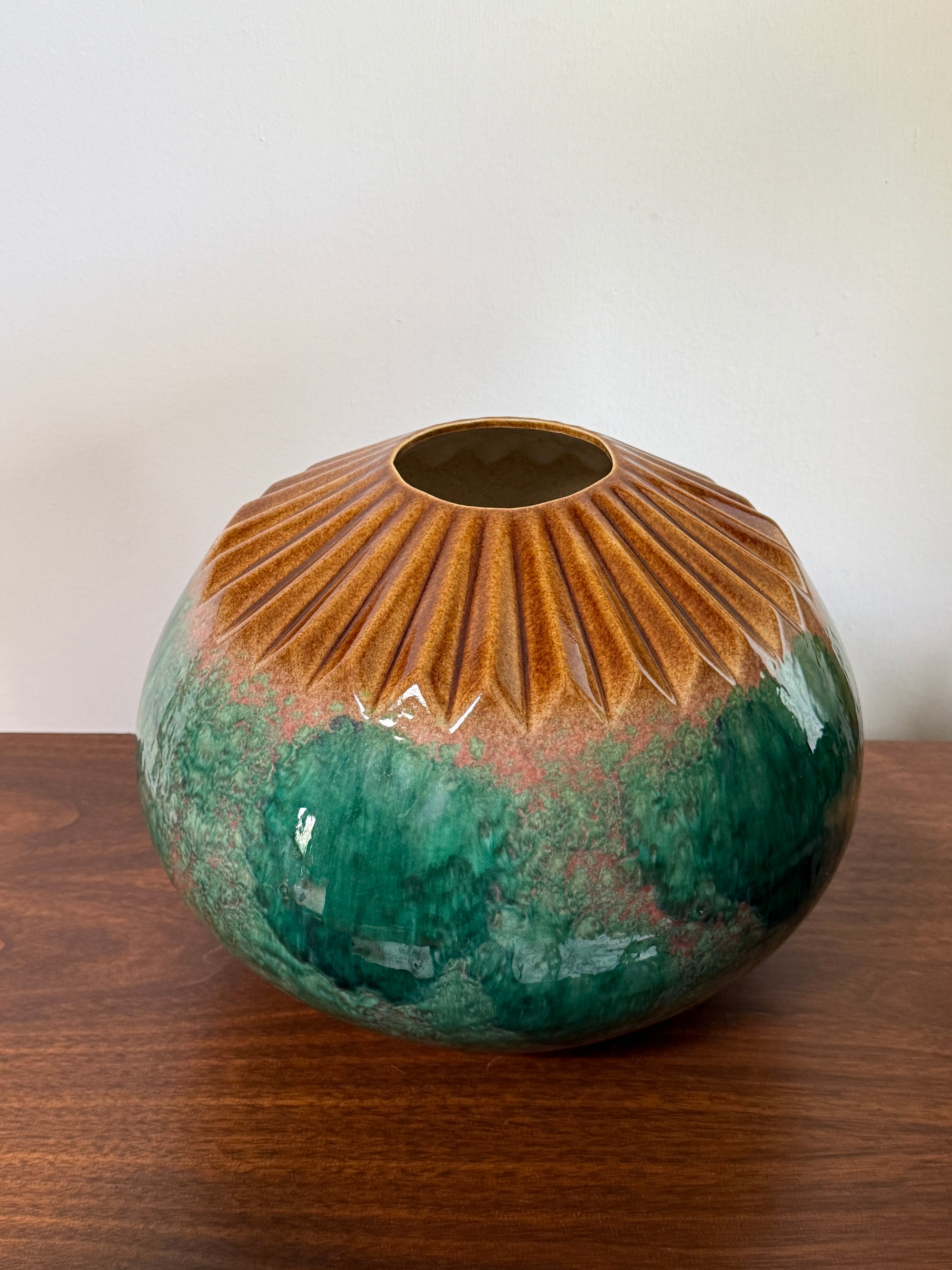 Vintage MCM Vanguard Studios Pottery Large Vase | Mid Century Modern Fluted Rim Green Glaze Studio Art Pottery Vessel USA