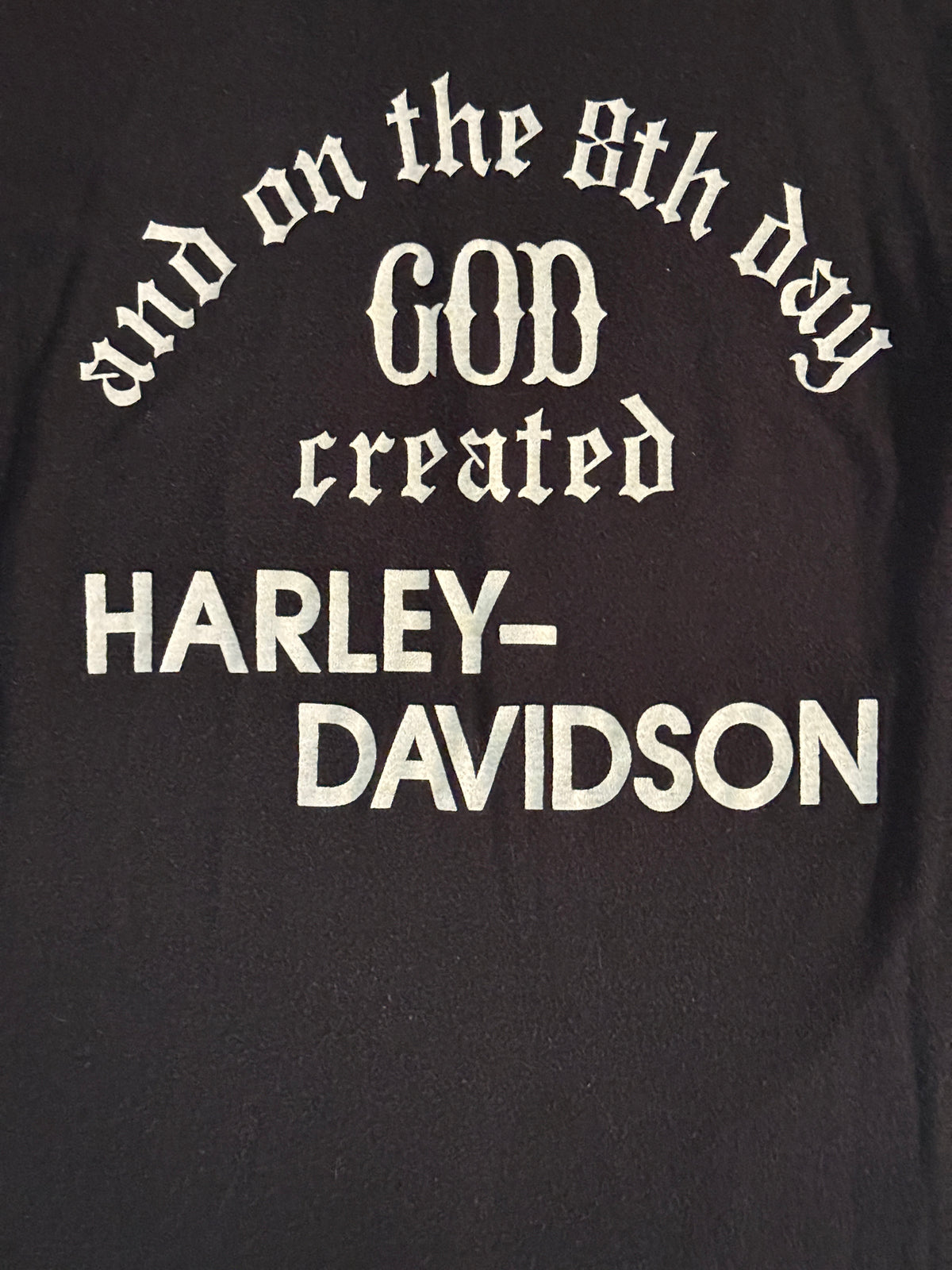 Vintage 1980s Harley-Davidson "8th Day God Created Harley" Old English T-Shirt | Mathews Des Moines 60s Logo Harley Tee