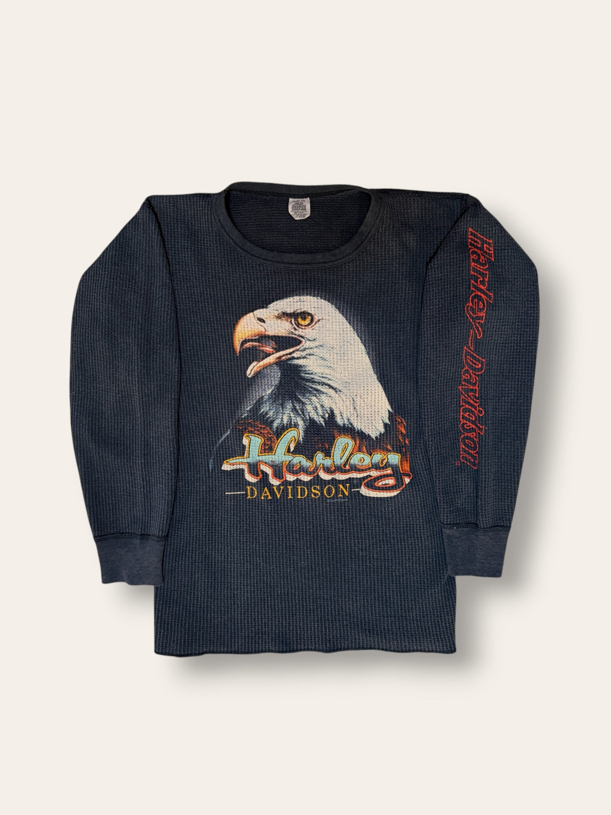Vintage 1980s Harley Davidson Waffle Knit Thermal Shirt | Original 80s Harley 3D Emblem Eagle Shirt