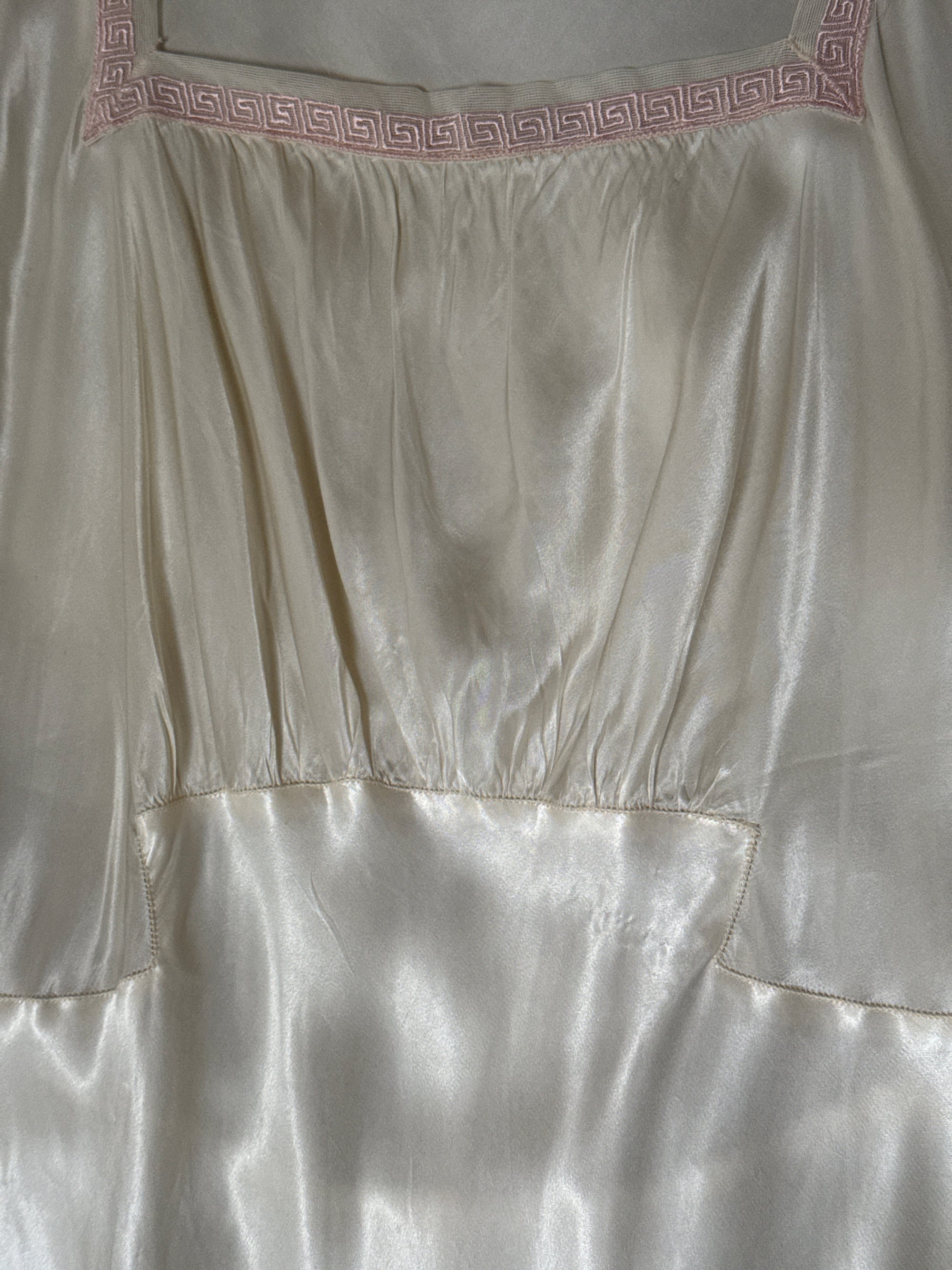 Vintage 1940s Greek Key Pattern Rayon Bias Cut Slip Dress | Antique Ivory Nightgown Negligée