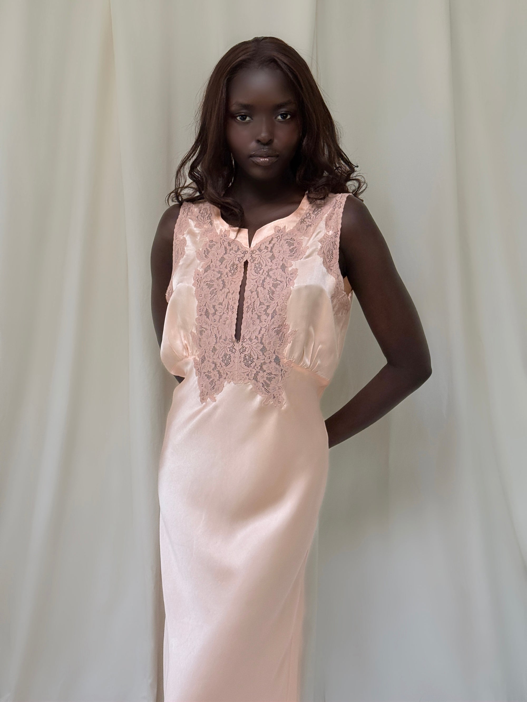 Vintage 1930’s Silk Rayon Bias Cut Lace Slip Dress | Old Hollywood Glamour Keyhole Silk Nightgown