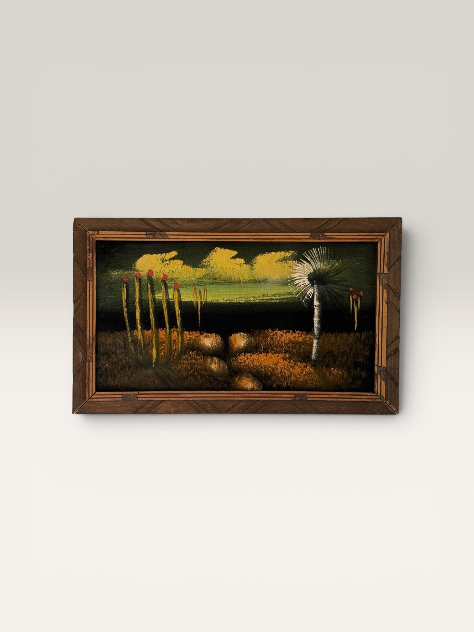 Vintage Mid Century Modern Desert Landscape Black Velvet Painting | MCM Cactus &amp; Yucca Wall Art | Southwestern Framed Original Artwork