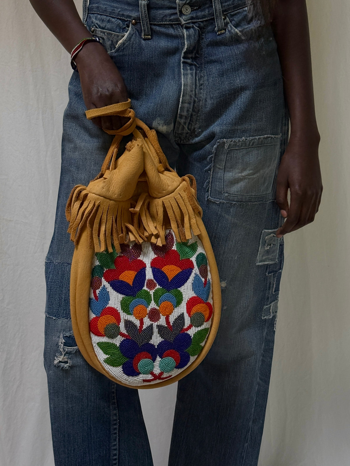 Vintage 1950s Northern Plains Medicine Bag Native American Beaded Leather Bag | Floral Seed Bead Design | Handmade Tribal Art Purse