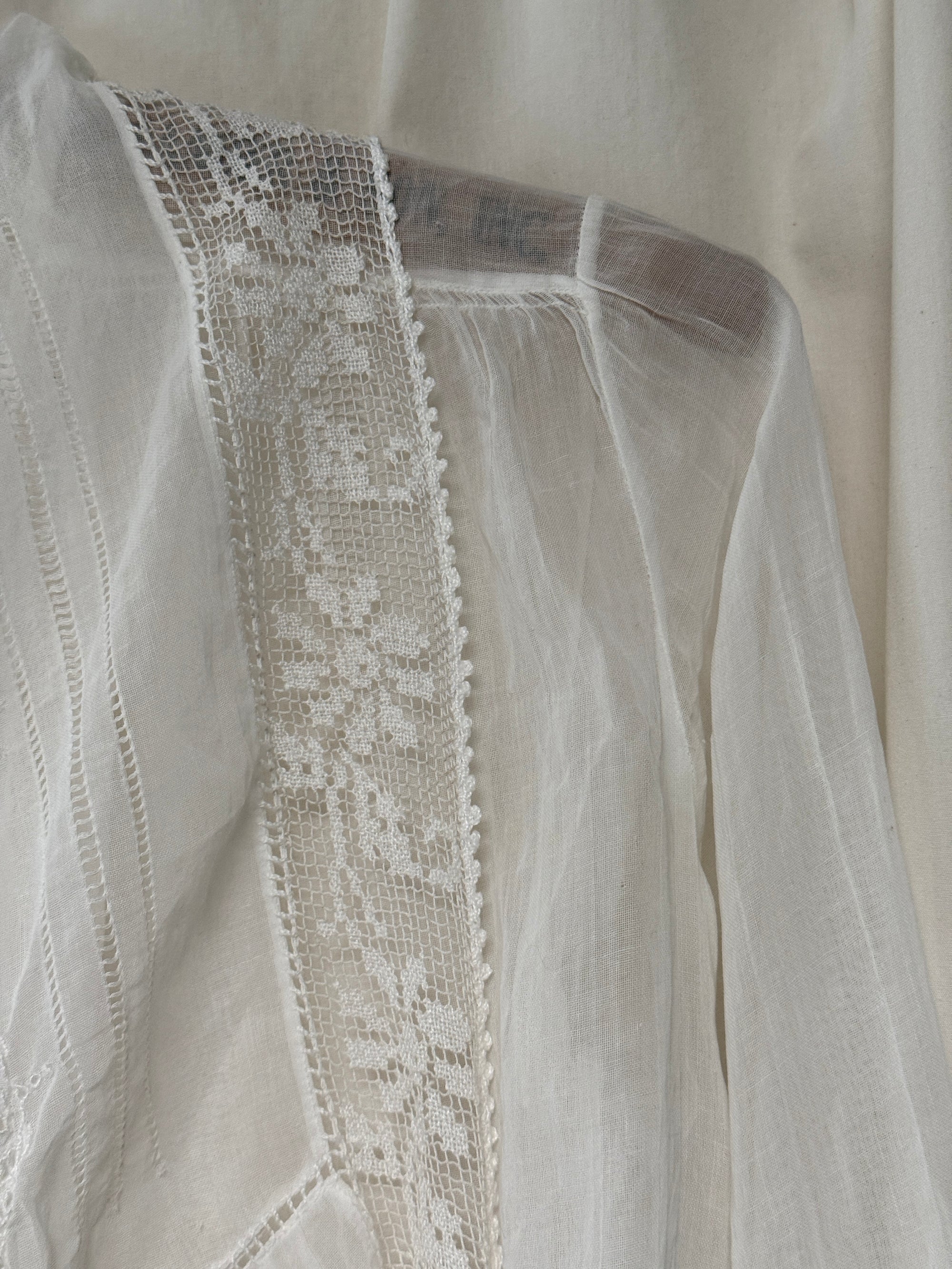 Antique Edwardian Romantic White Gauze Cotton Blouse | Vintage Sheer Top With Pom-Pom Tassels