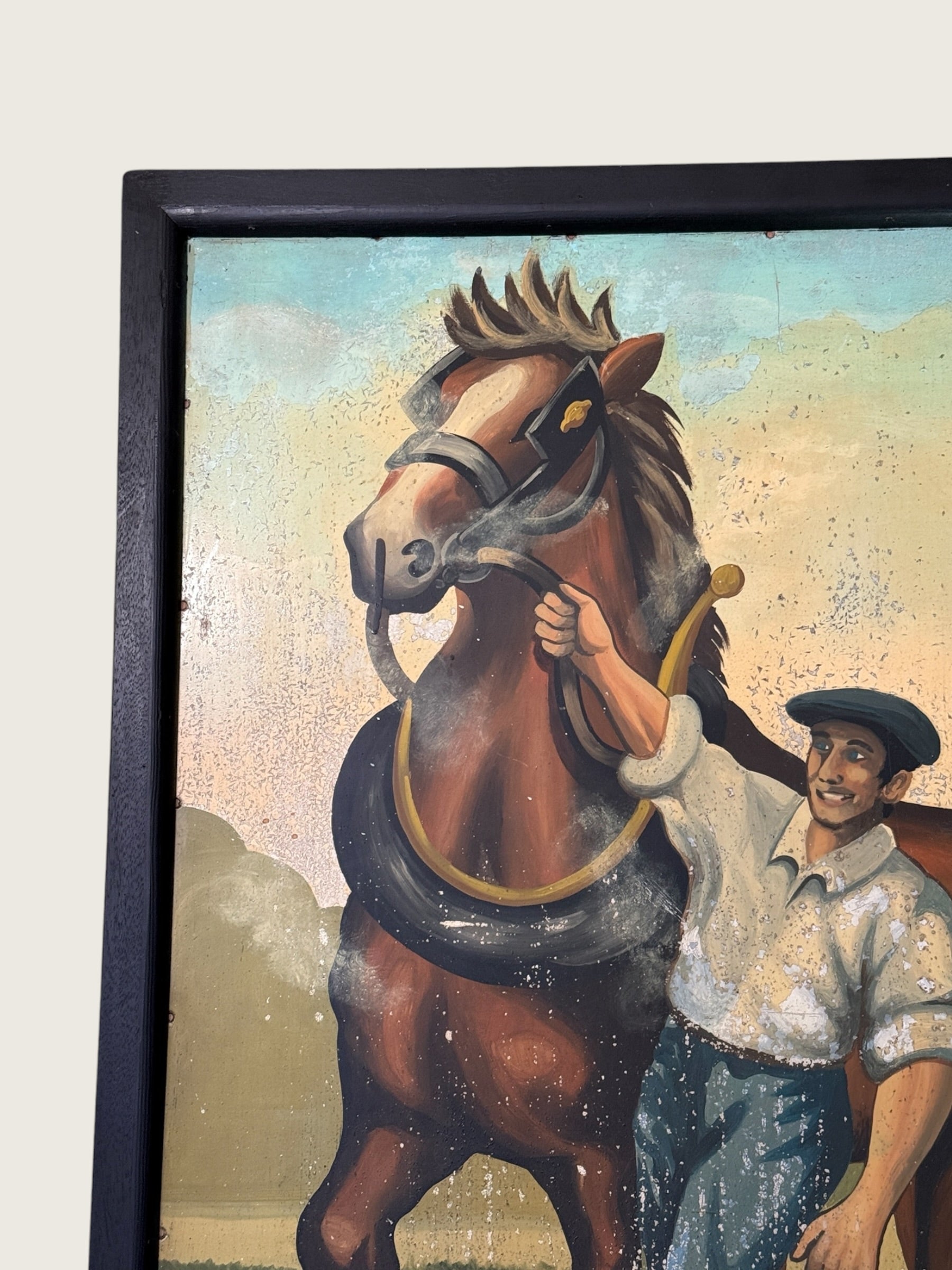 Vintage English MCM Pub Sign "The Steamer" | Mid Century Horse &amp; Cart Tavern Wall Art | Framed British Bar Hand Painted Art