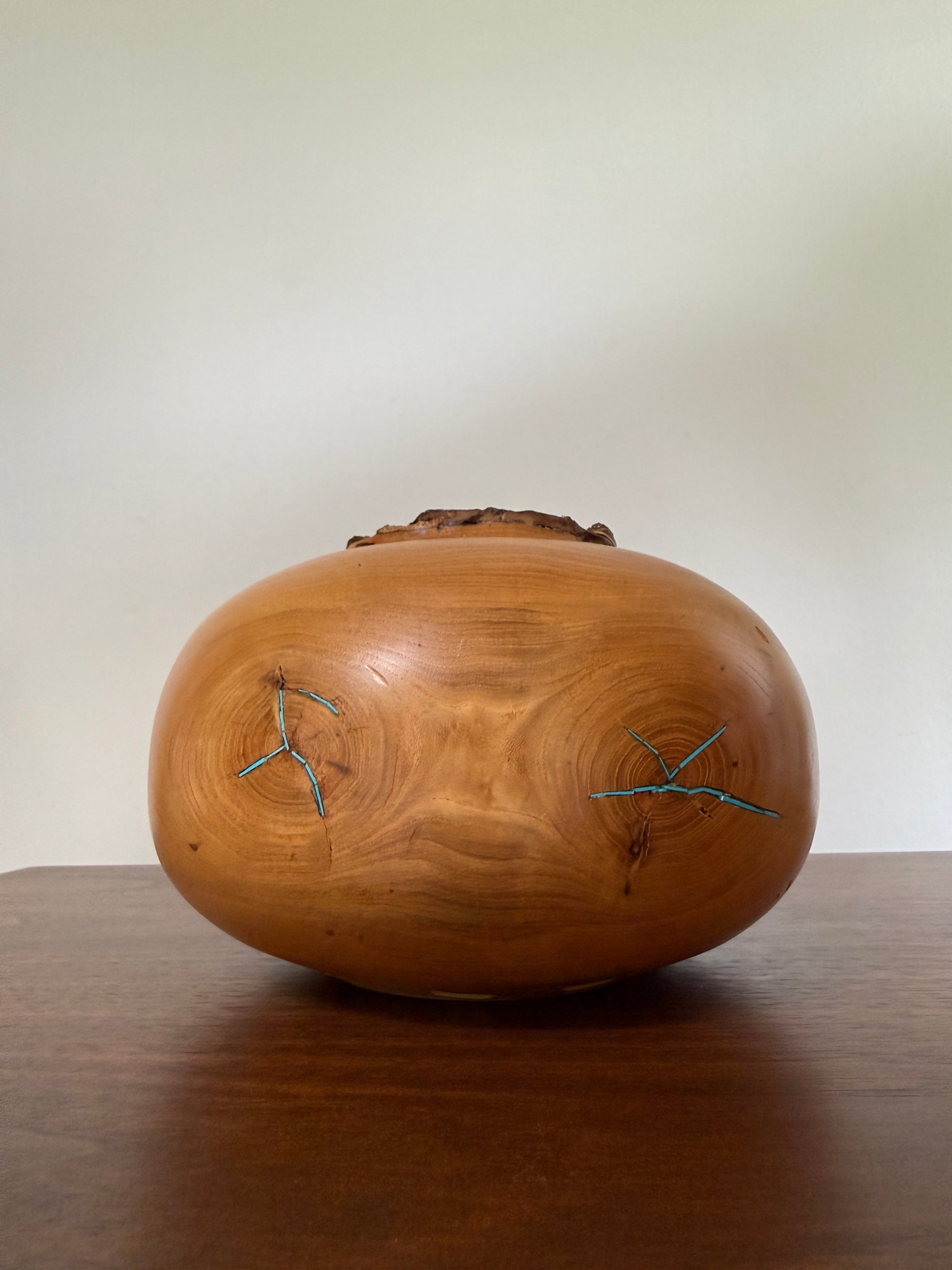 Vintage Signed Hand Turned Elm Fork Turquoise Inlay Burl Wood Bowl | Live Edge Natural Art Turned Vessel