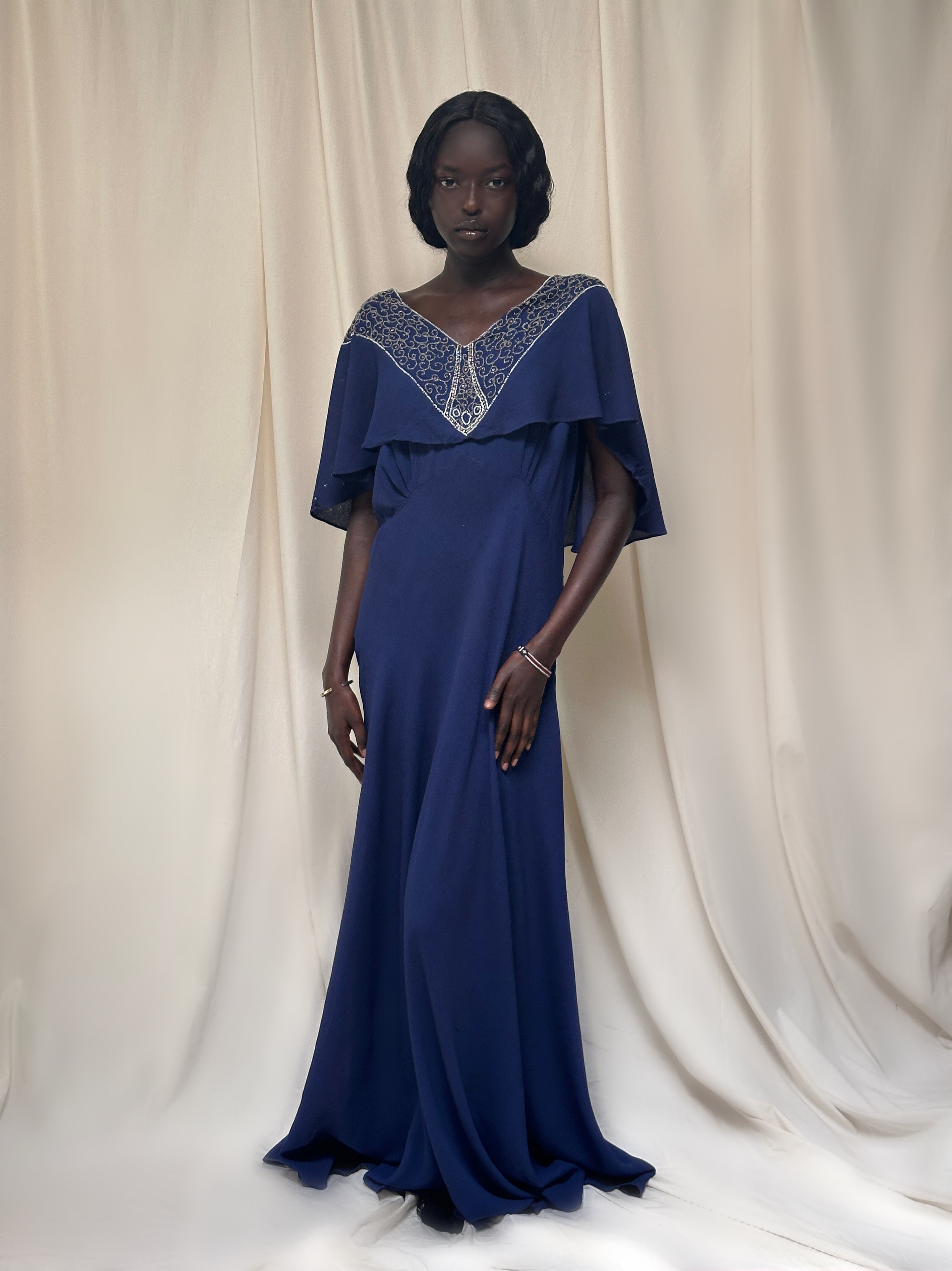 Vintage 1940s Beaded Navy Crepe Gown | Old Hollywood Evening Bias