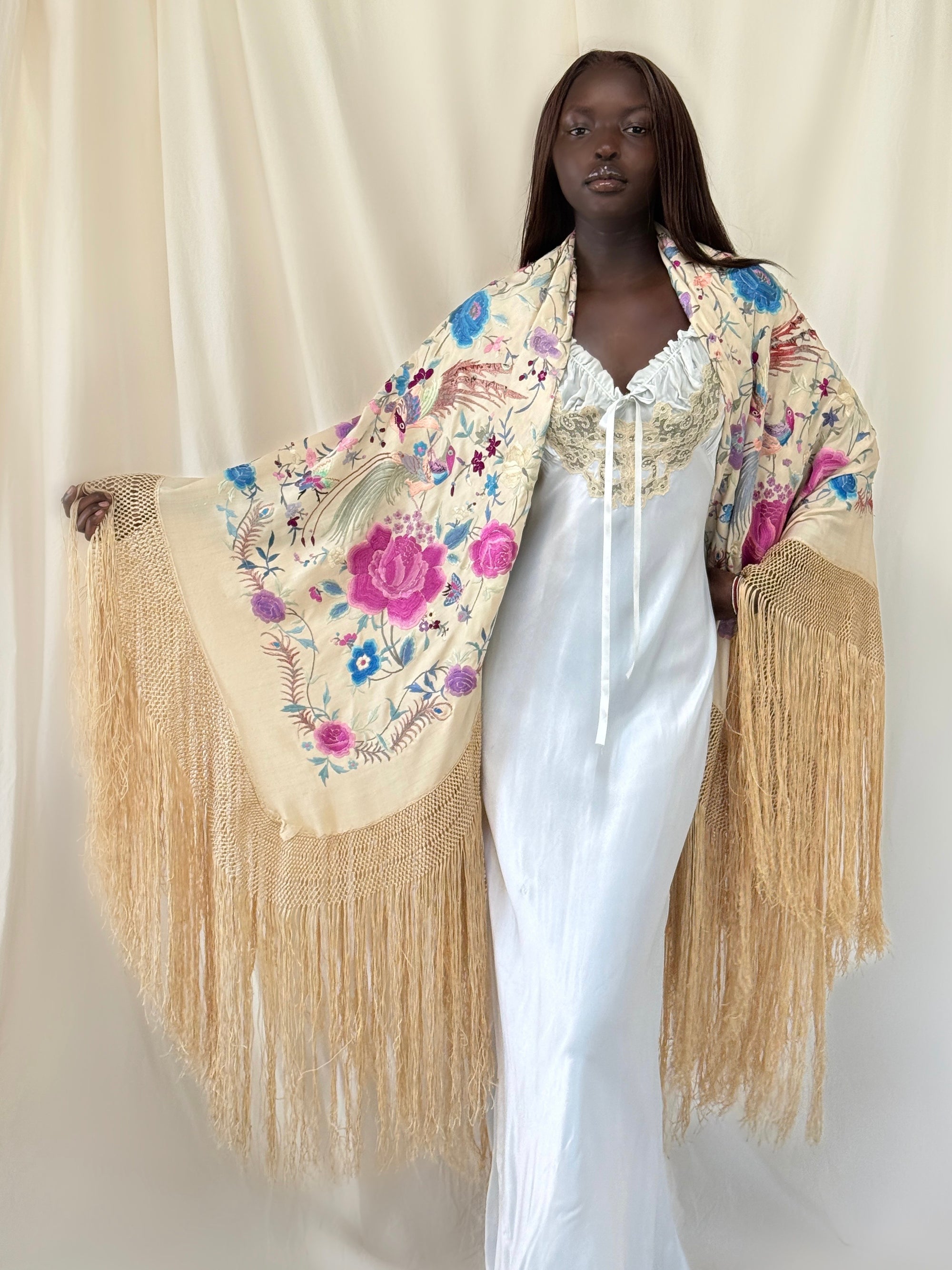 Vintage 1930s Manton de Manila Embroidered Silk Piano Shawl | Floral Bird Butterfly Motif With Long Fringe