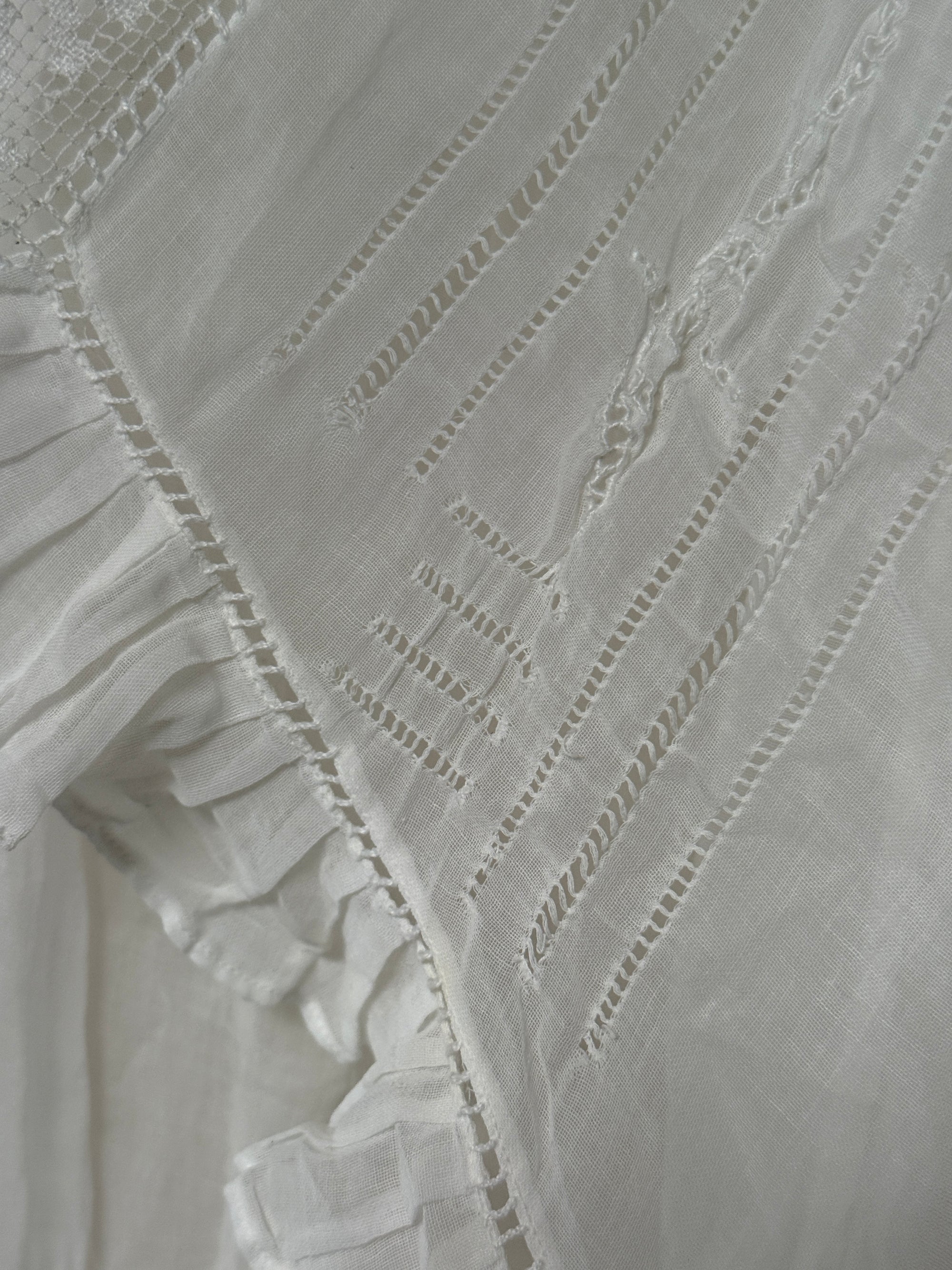 Antique Edwardian Romantic White Gauze Cotton Blouse | Vintage Sheer Top With Pom-Pom Tassels