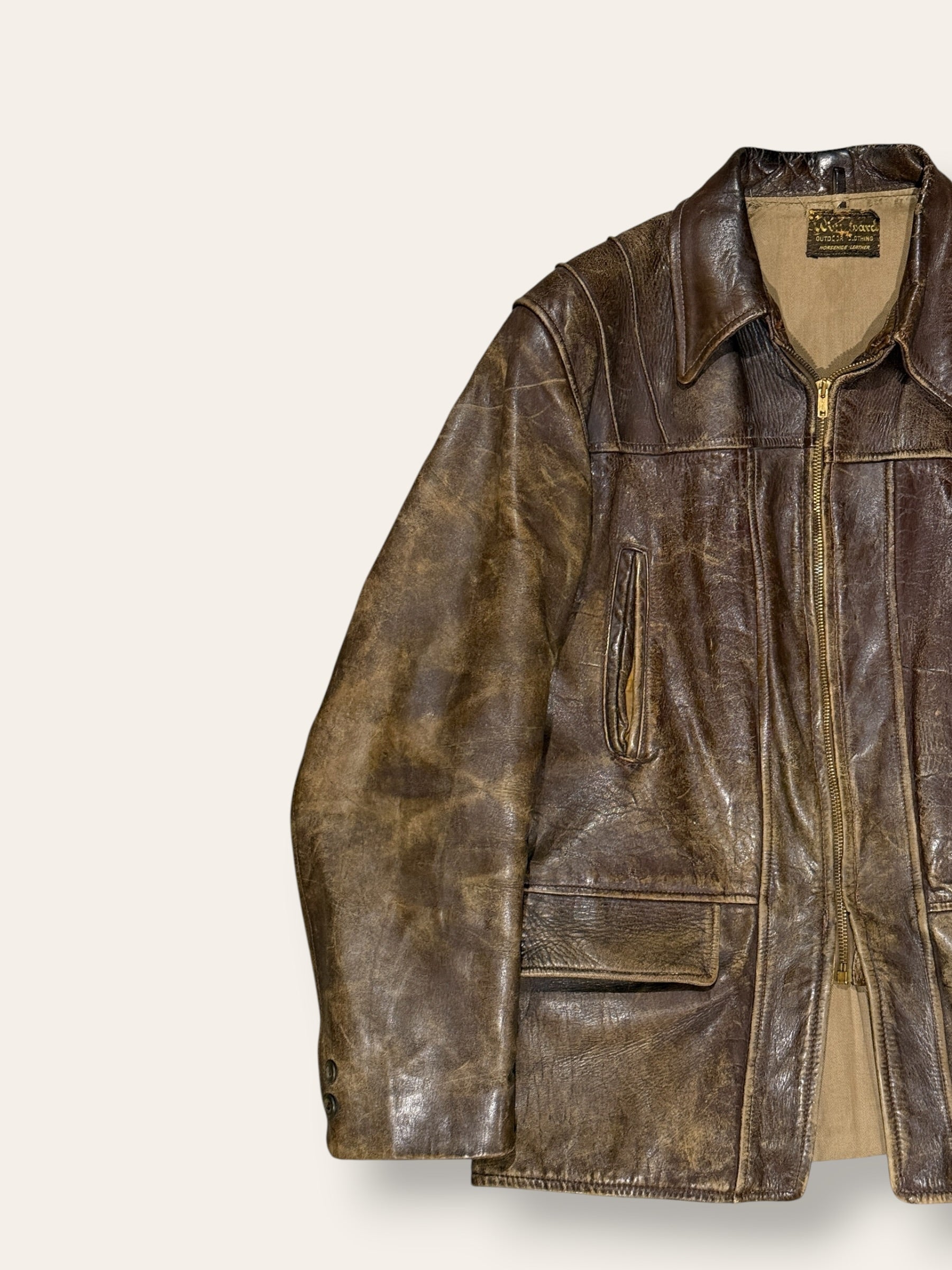 Vintage 1940-50s Windward Horsehide Leather Jacket | Montgomery Ward Brown Belted Back Jacket