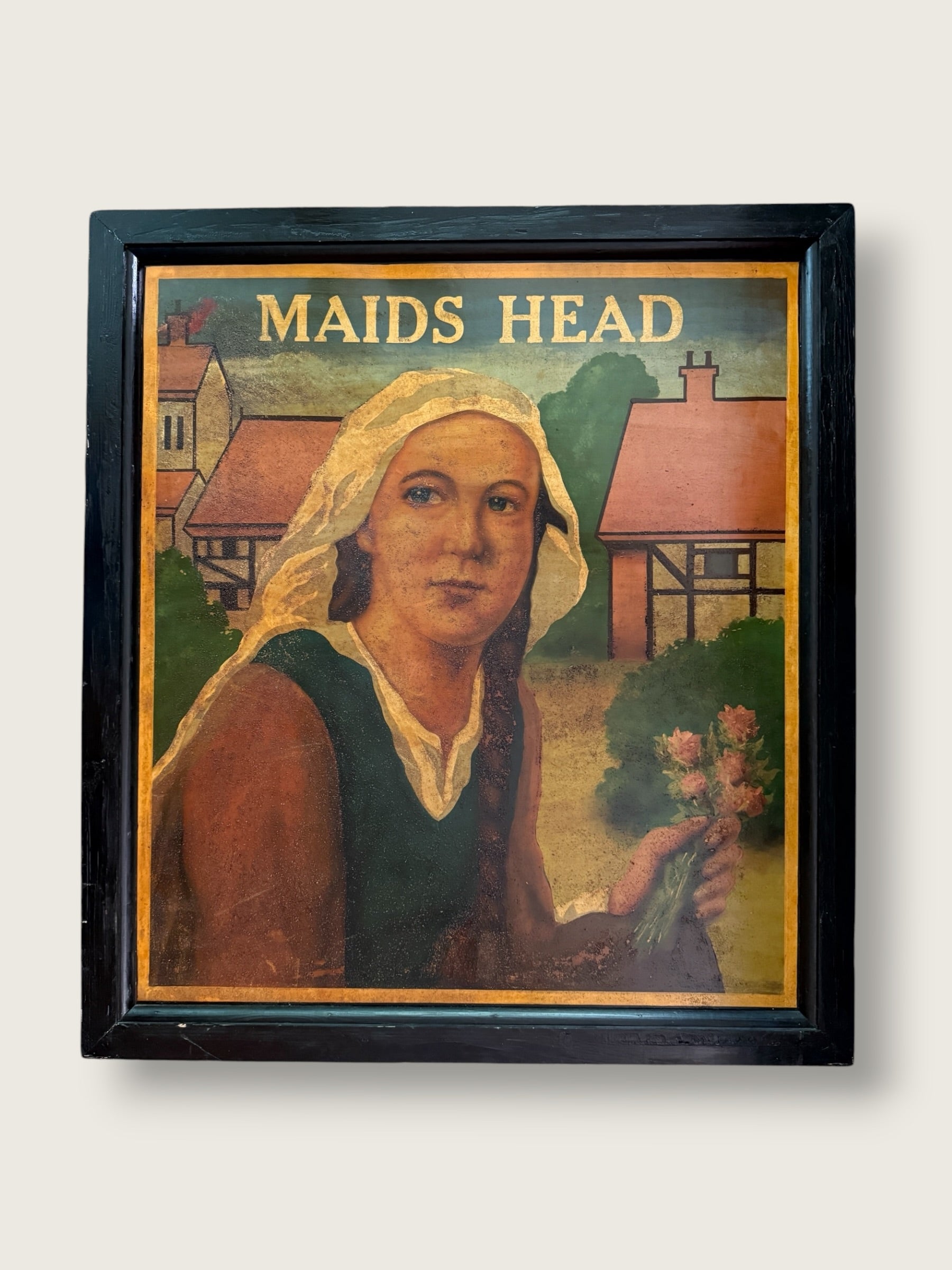 Vintage English MCM Pub Sign "Maids Head" | Mid Century Horse &amp; Cart Tavern Wall Art | Framed British Bar Hand Painted Art