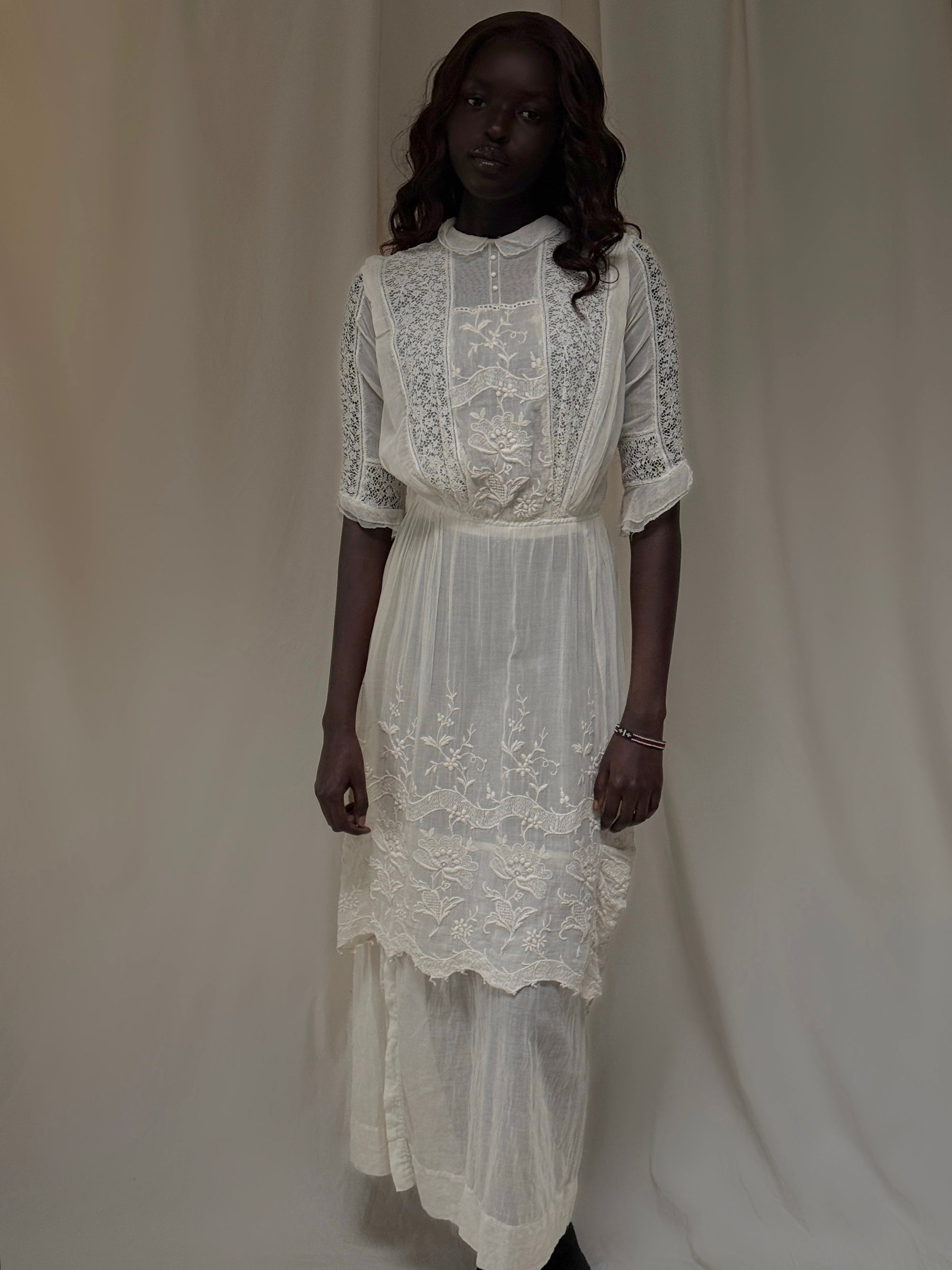 Antique 1900s Edwardian White Lace &amp; Embroidered Cotton Lawn Dress  | Handcrafted Heirloom Bridal Gown