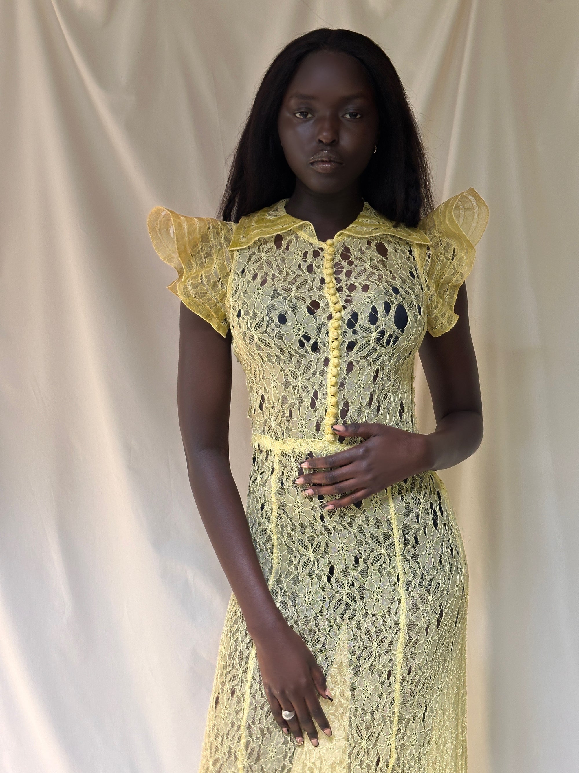 Vintage 1930’s Thrashed Lace Yellow Dress