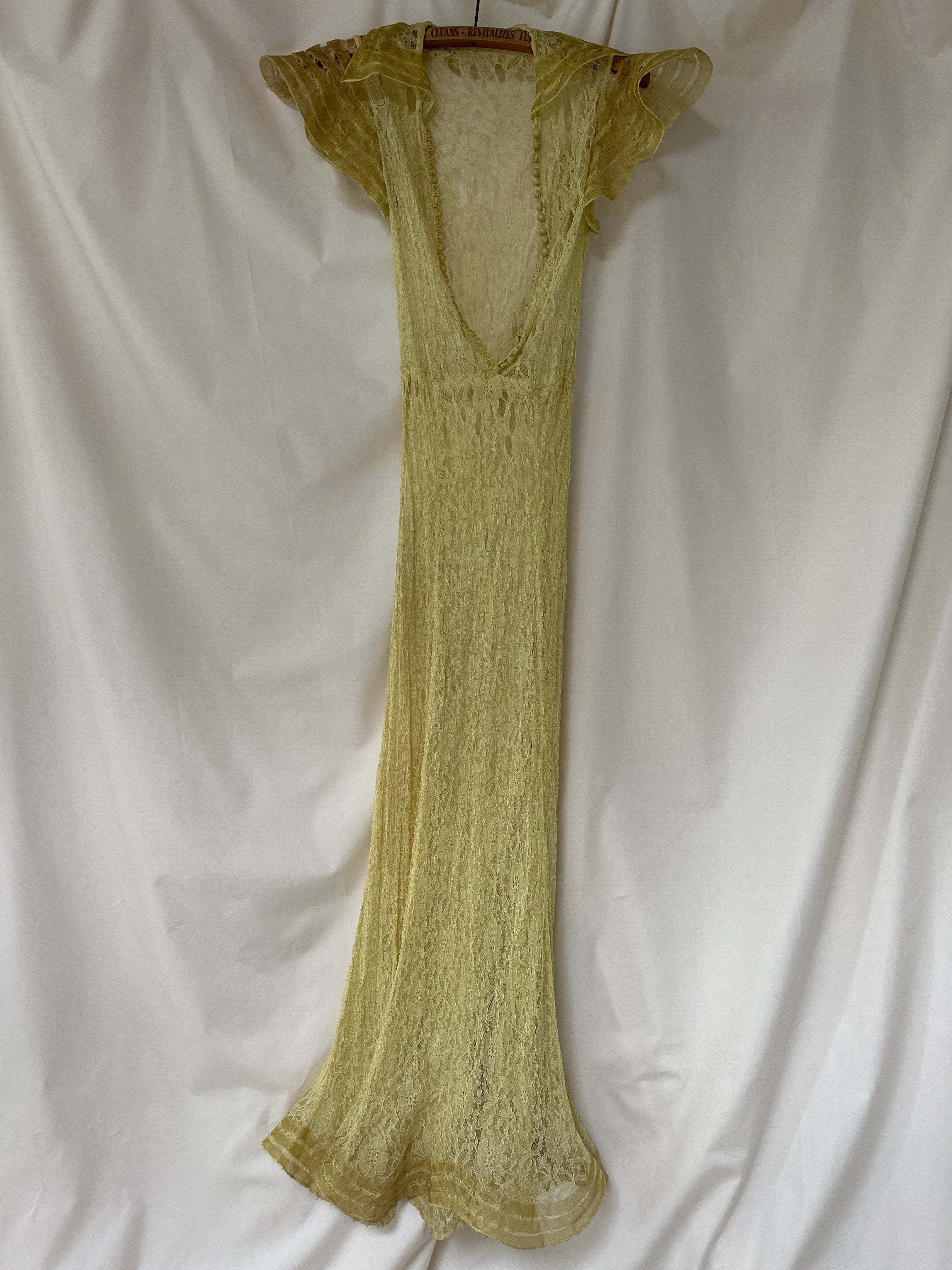 AS IS 2024 Vintage 1930s Pale Yellow Green Lace Gown