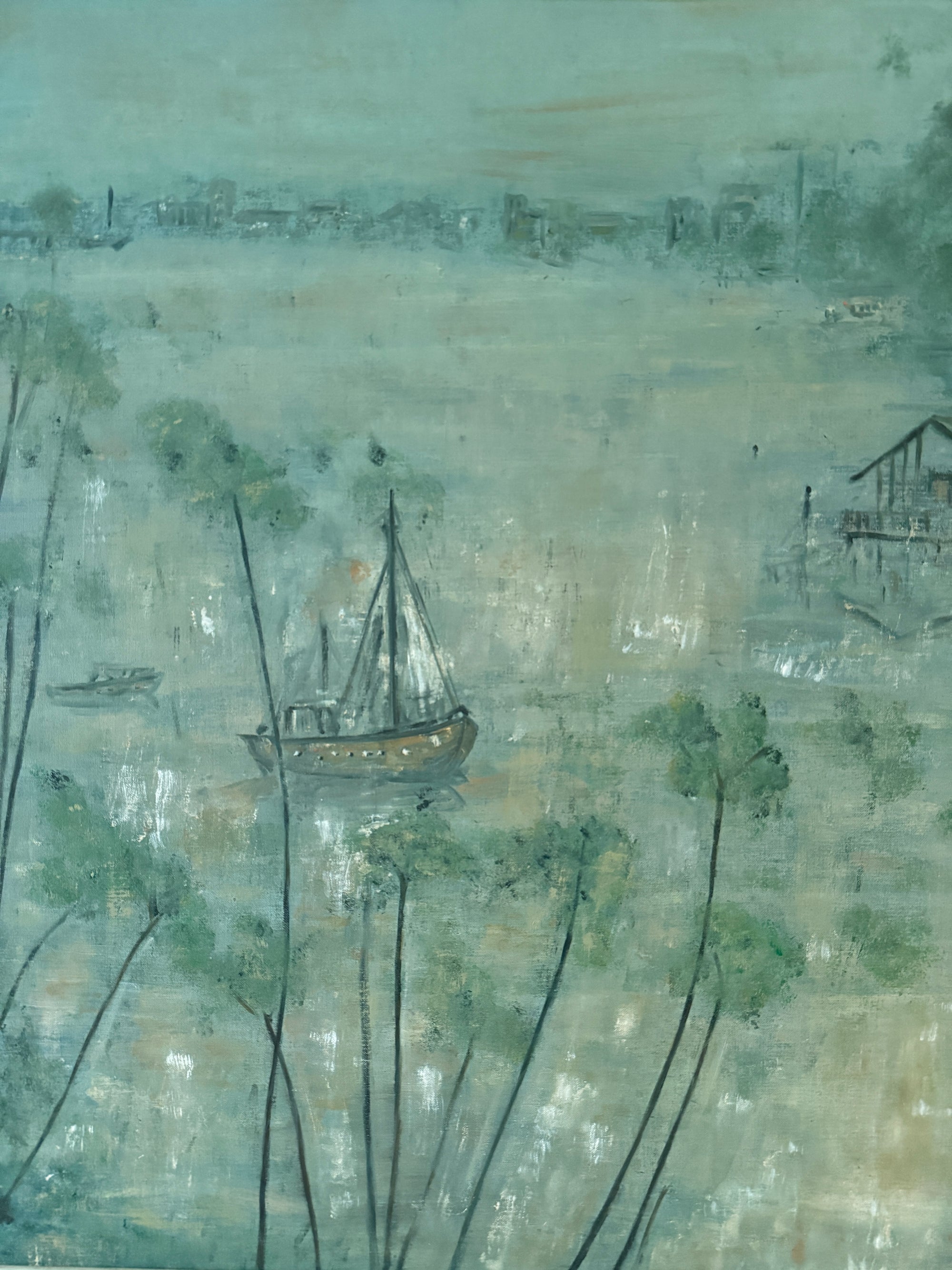 Vintage 1960s Joan Bergevin Mid-Century Modern Impressionist Oil Painting Titled “Evening Retreat” | Vintage MCM Coastal Masterwork Painting