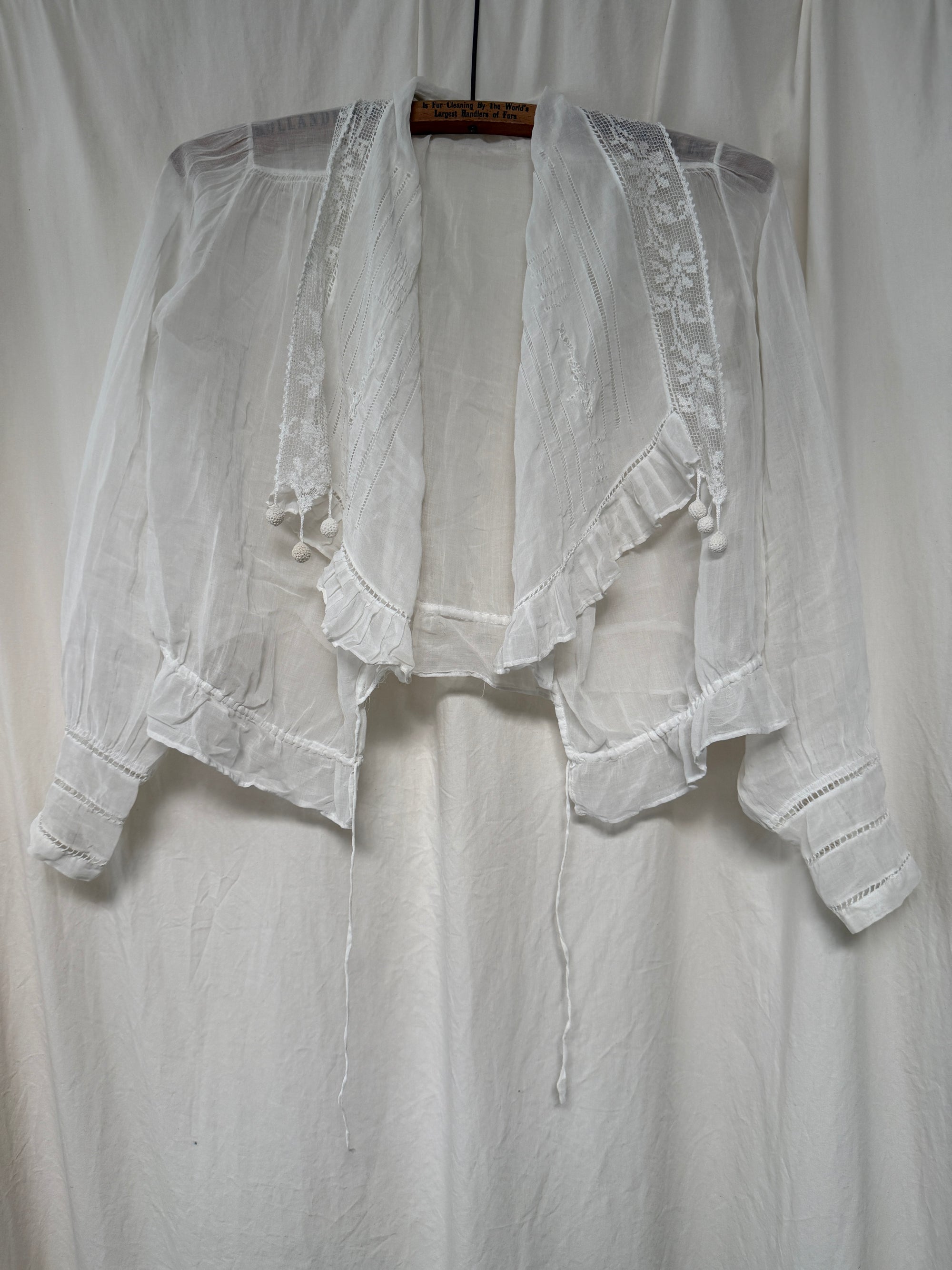 Antique Edwardian Romantic White Gauze Cotton Blouse | Vintage Sheer Top With Pom-Pom Tassels