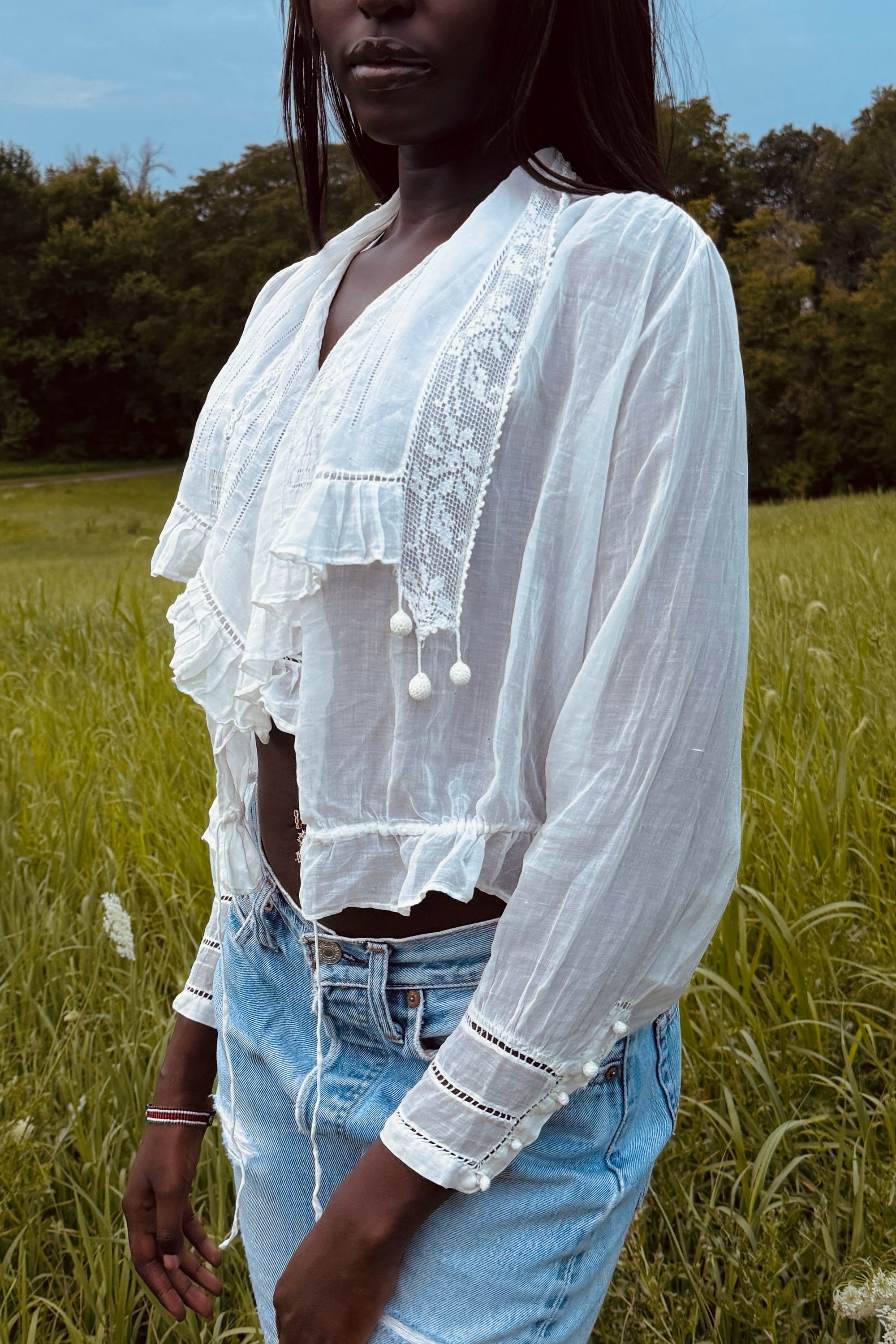Antique Edwardian Romantic White Gauze Cotton Blouse | Vintage Sheer Top With Pom-Pom Tassels