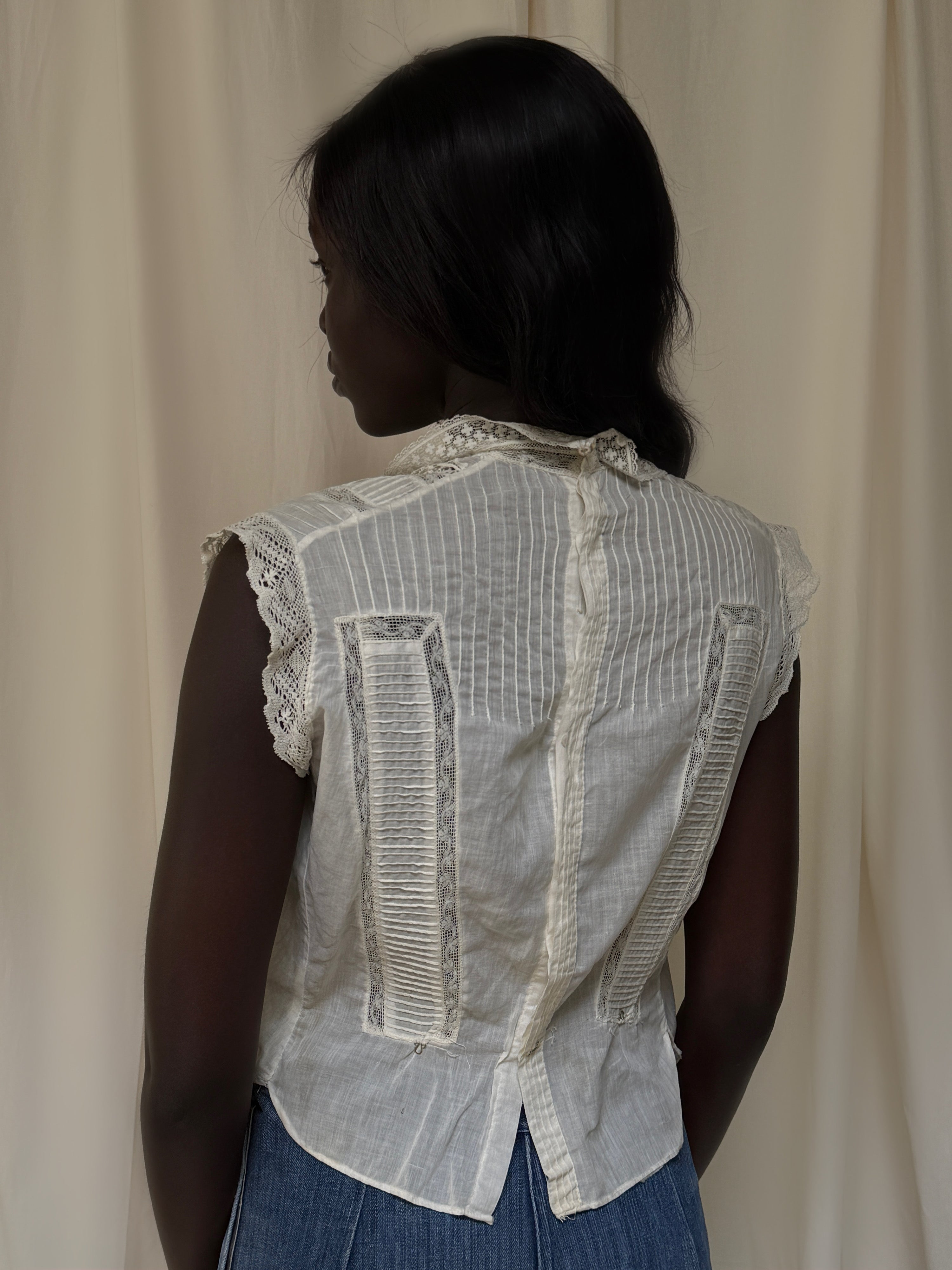 Vintage Edwardian Pleats & Lace Blouse | Antique White Cotton
