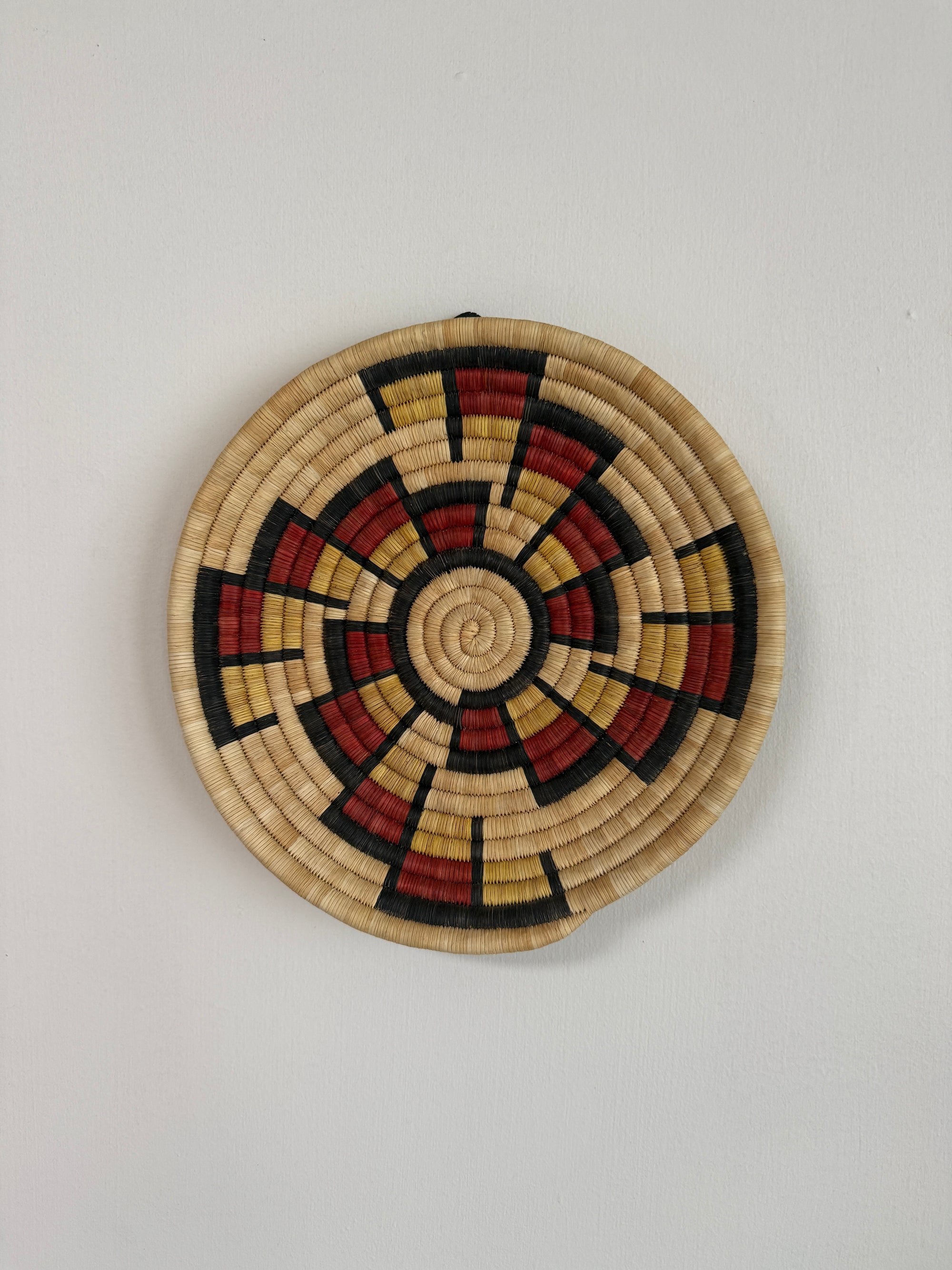 Vintage Hopi Coiled Flat Basket | Handwoven Native American Wall Art | Geometric Polychrome Woven Basket Tray