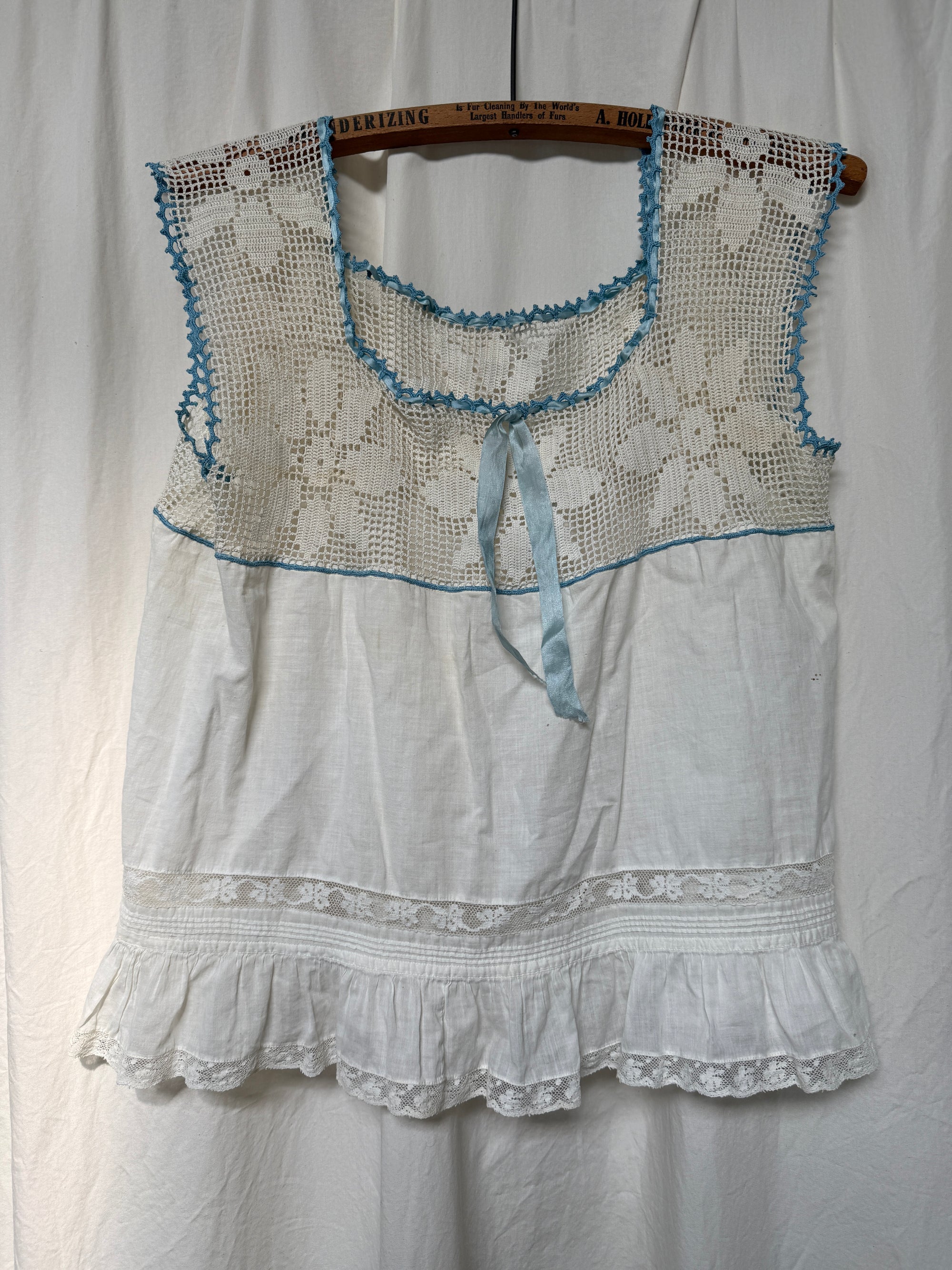 Vintage Edwardian Crochet Lace Blouse | White Cotton Ruffle Top with Blue Ribbon | Antique Romantic Cottagecore Boho