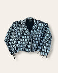 Vintage 1980s Lip Service “War?”Denim Moto Jacket | All Over Print Denim Jacket