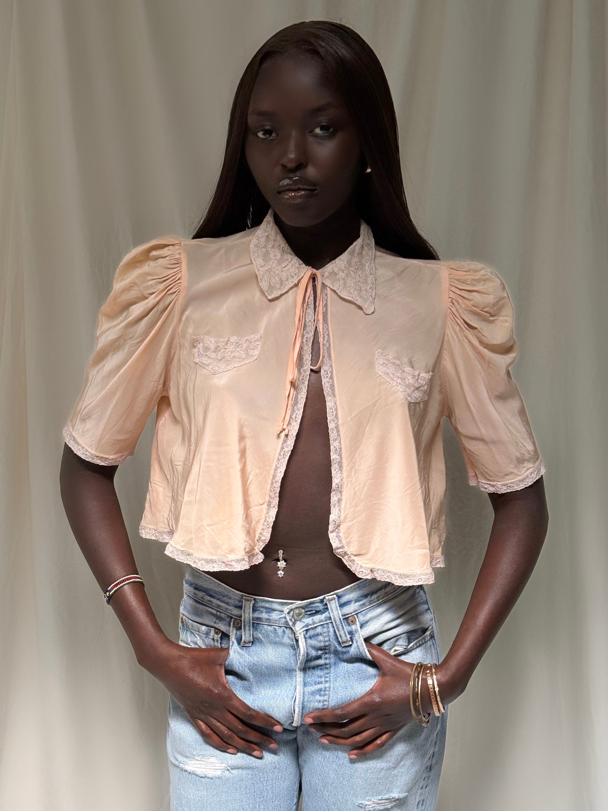 Vintage 1930s Silk &amp; Lace Puff Sleeve Bed Jacket | Romantic Silk Lingerie Top