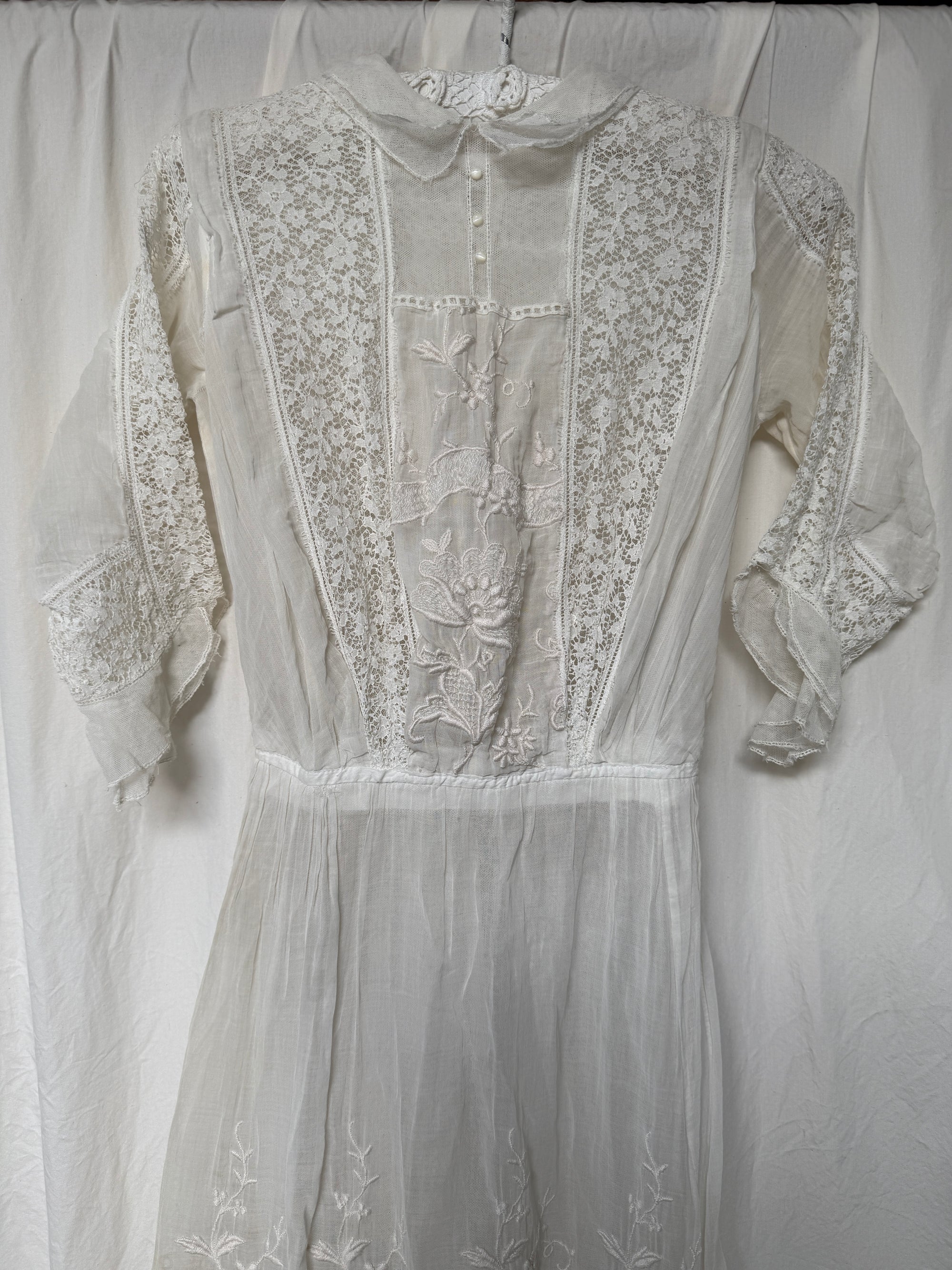 Antique 1900s Edwardian White Lace &amp; Embroidered Cotton Lawn Dress  | Handcrafted Heirloom Bridal Gown