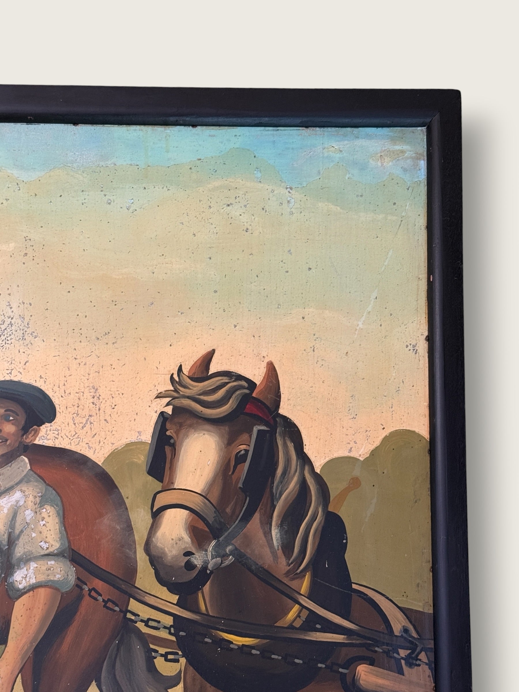 Vintage English MCM Pub Sign "The Steamer" | Mid Century Horse &amp; Cart Tavern Wall Art | Framed British Bar Hand Painted Art