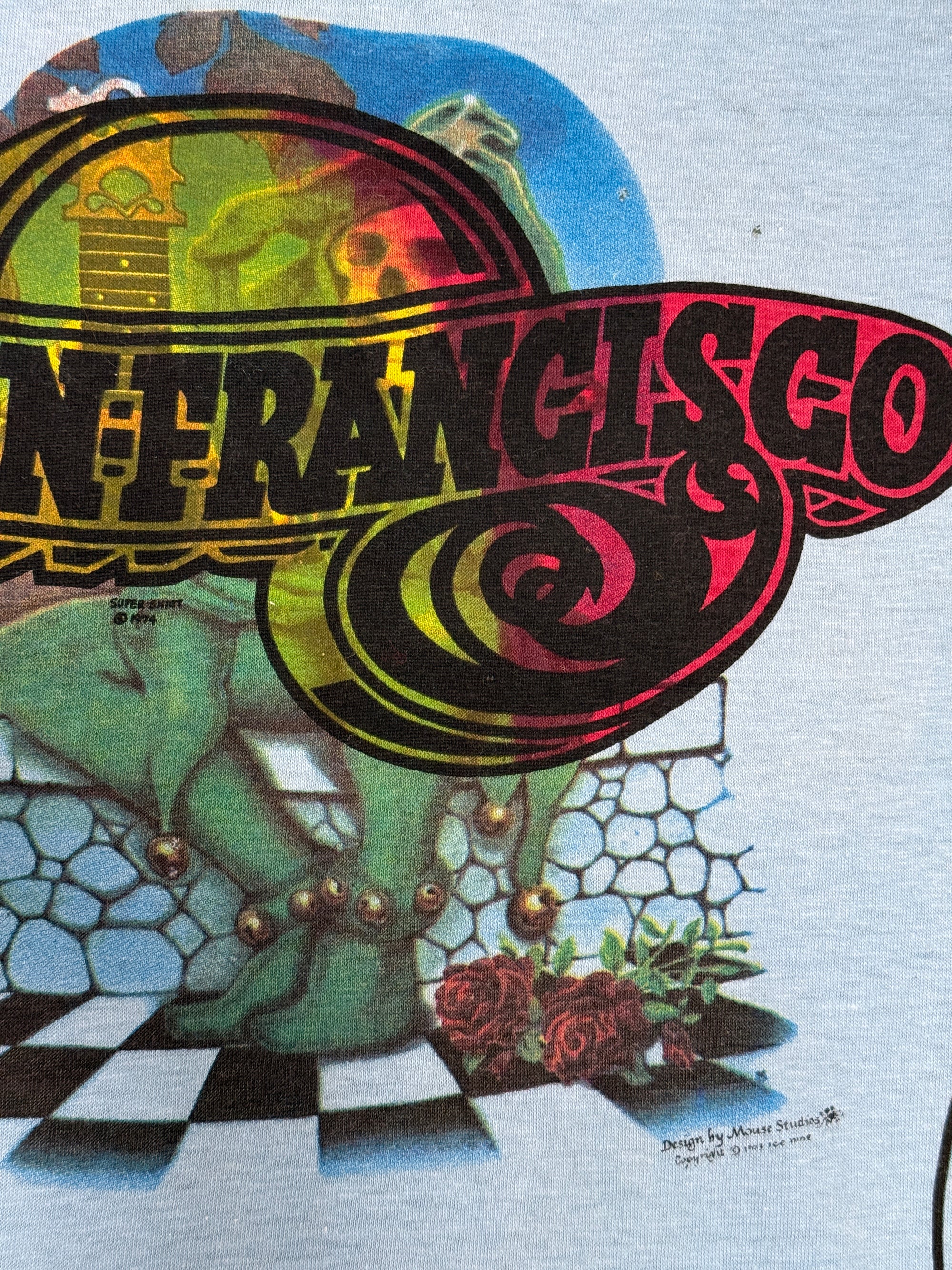 Vintage 1973 Kelley Mouse Studio Test Print T-Shirt | Hot Rod | Grateful Dead Jester and Rose Graphic | Rare 1970s Psychedelic Art T-Shirt