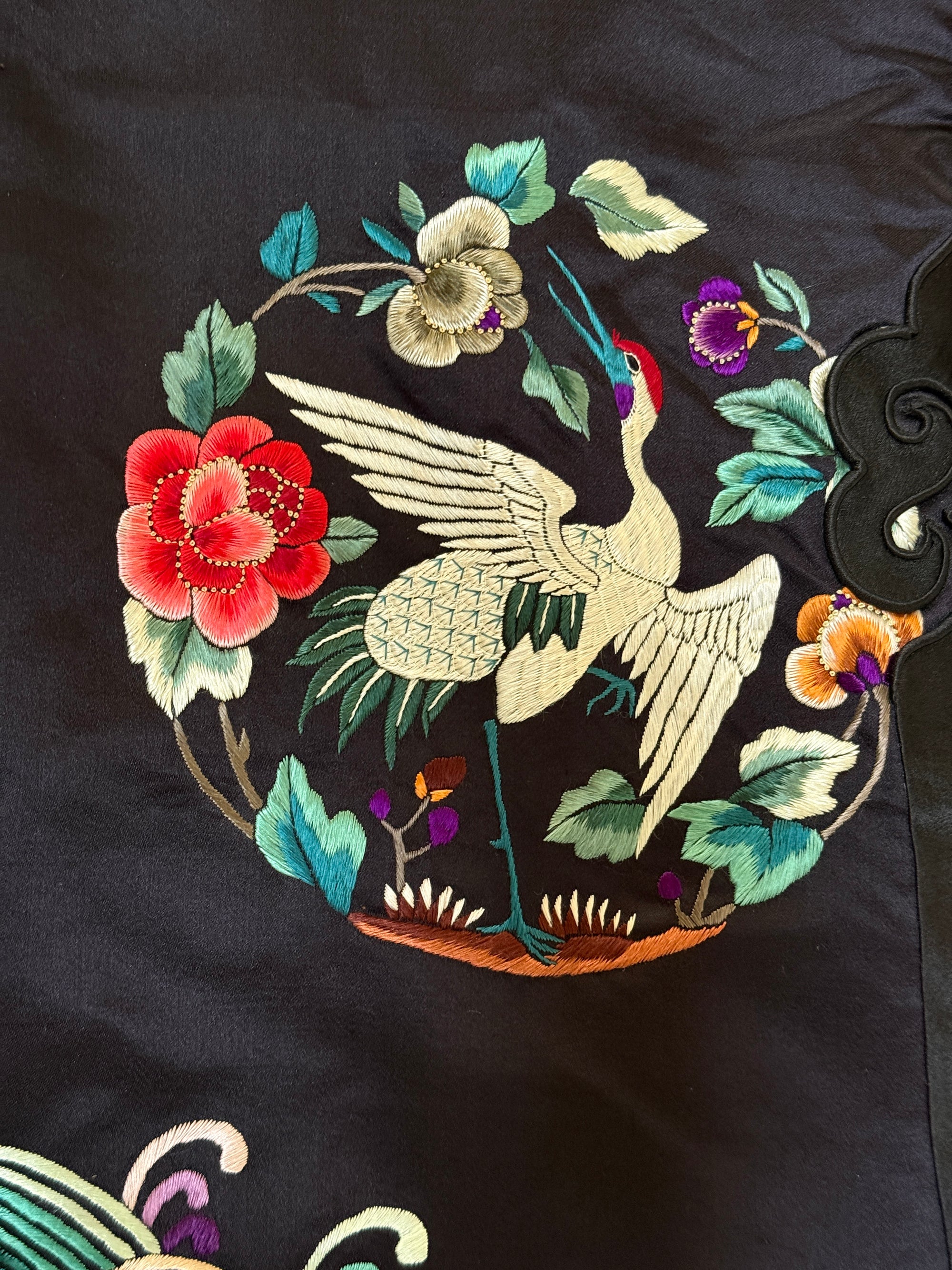 Vintage 1920’s Chinese Silk Jacket | Antique Hand Embroidery Crane Floral Motif Silk