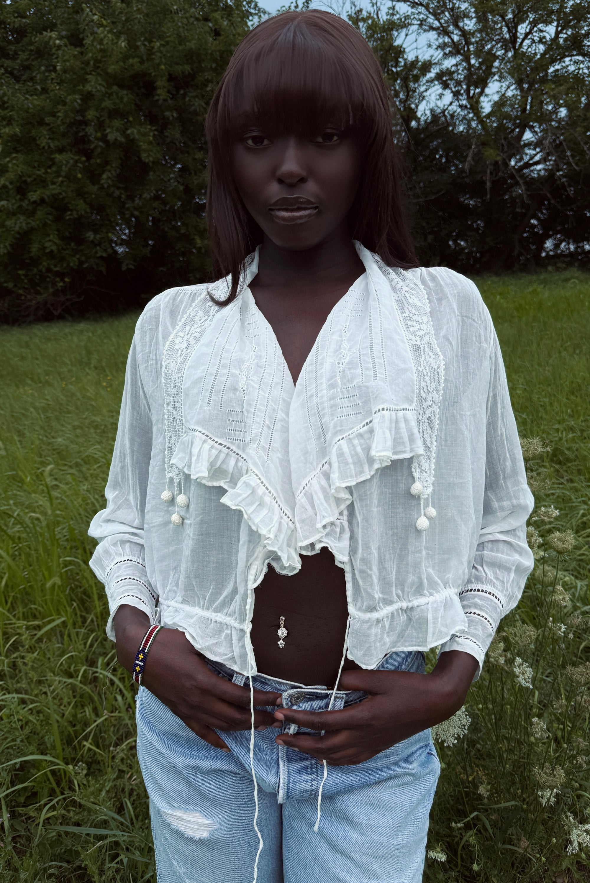 Antique Edwardian Romantic White Gauze Cotton Blouse | Vintage Sheer Top With Pom-Pom Tassels