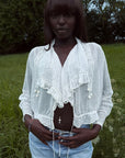 Antique Edwardian Romantic White Gauze Cotton Blouse | Vintage Sheer Top With Pom-Pom Tassels