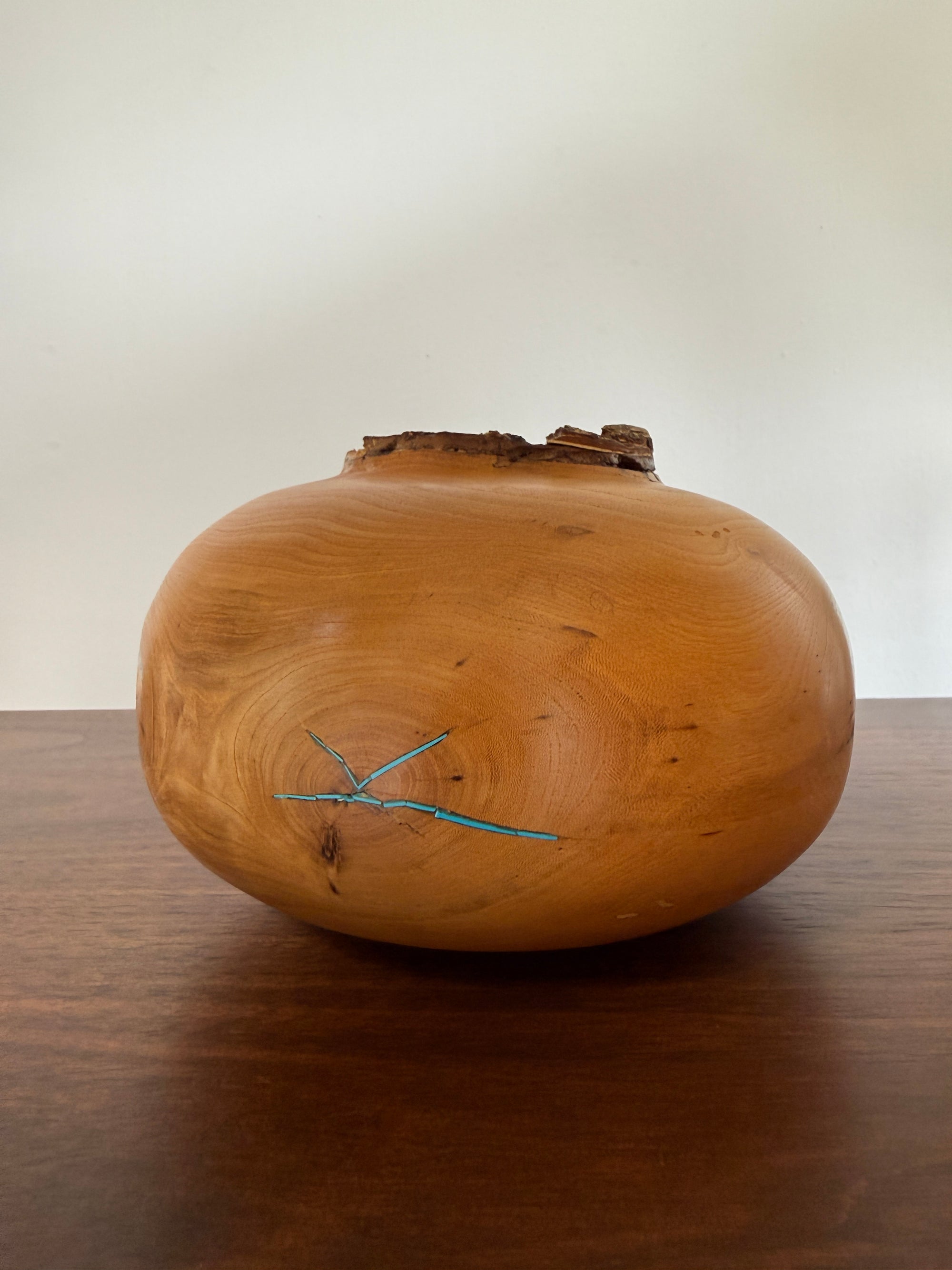 Vintage Signed Hand Turned Elm Fork Turquoise Inlay Burl Wood Bowl | Live Edge Natural Art Turned Vessel