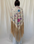 Vintage 1930s Manton de Manila Embroidered Silk Piano Shawl | Floral Bird Butterfly Motif With Long Fringe