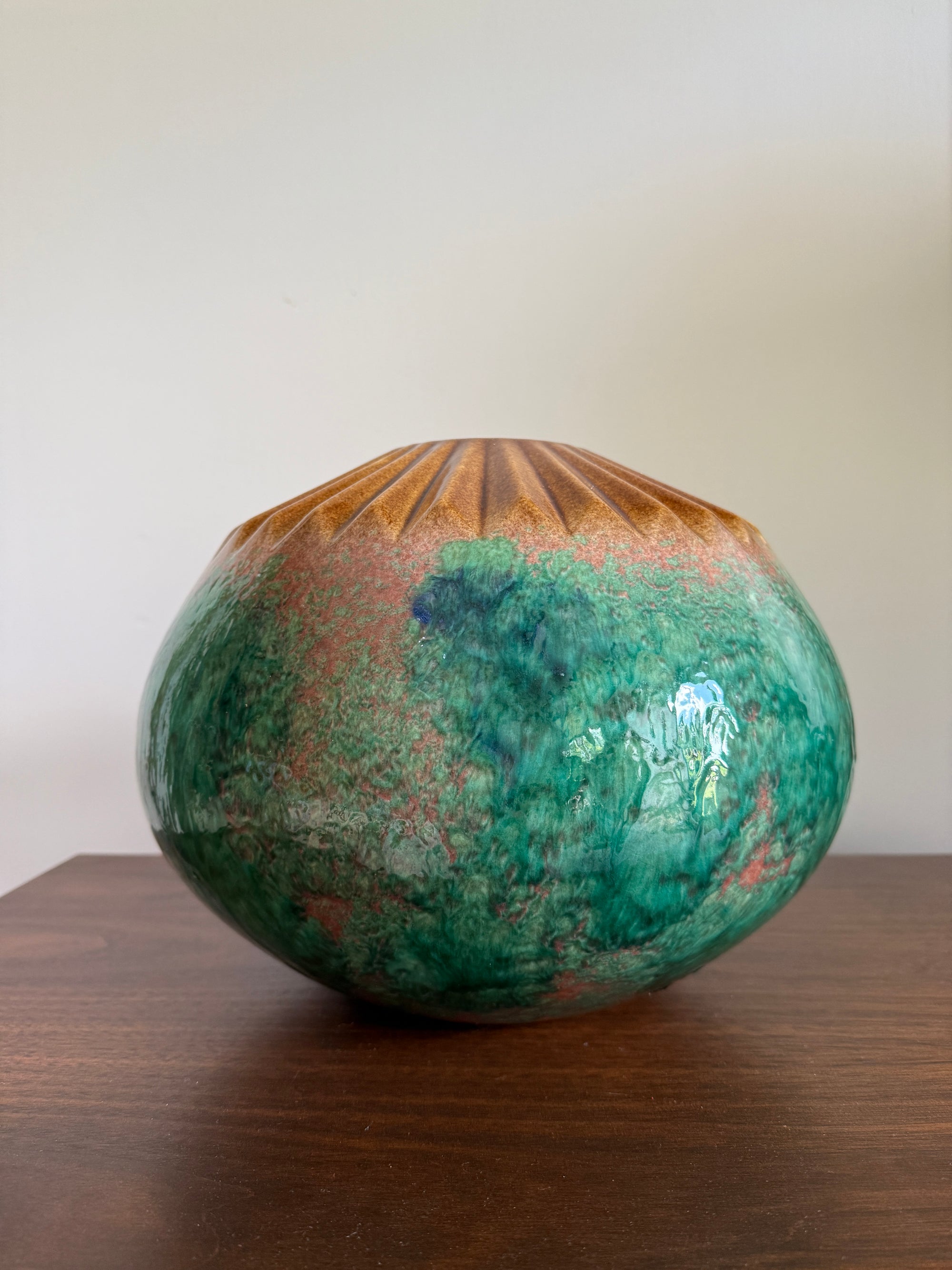 Vintage MCM Vanguard Studios Pottery Large Vase | Mid Century Modern Fluted Rim Green Glaze Studio Art Pottery Vessel USA