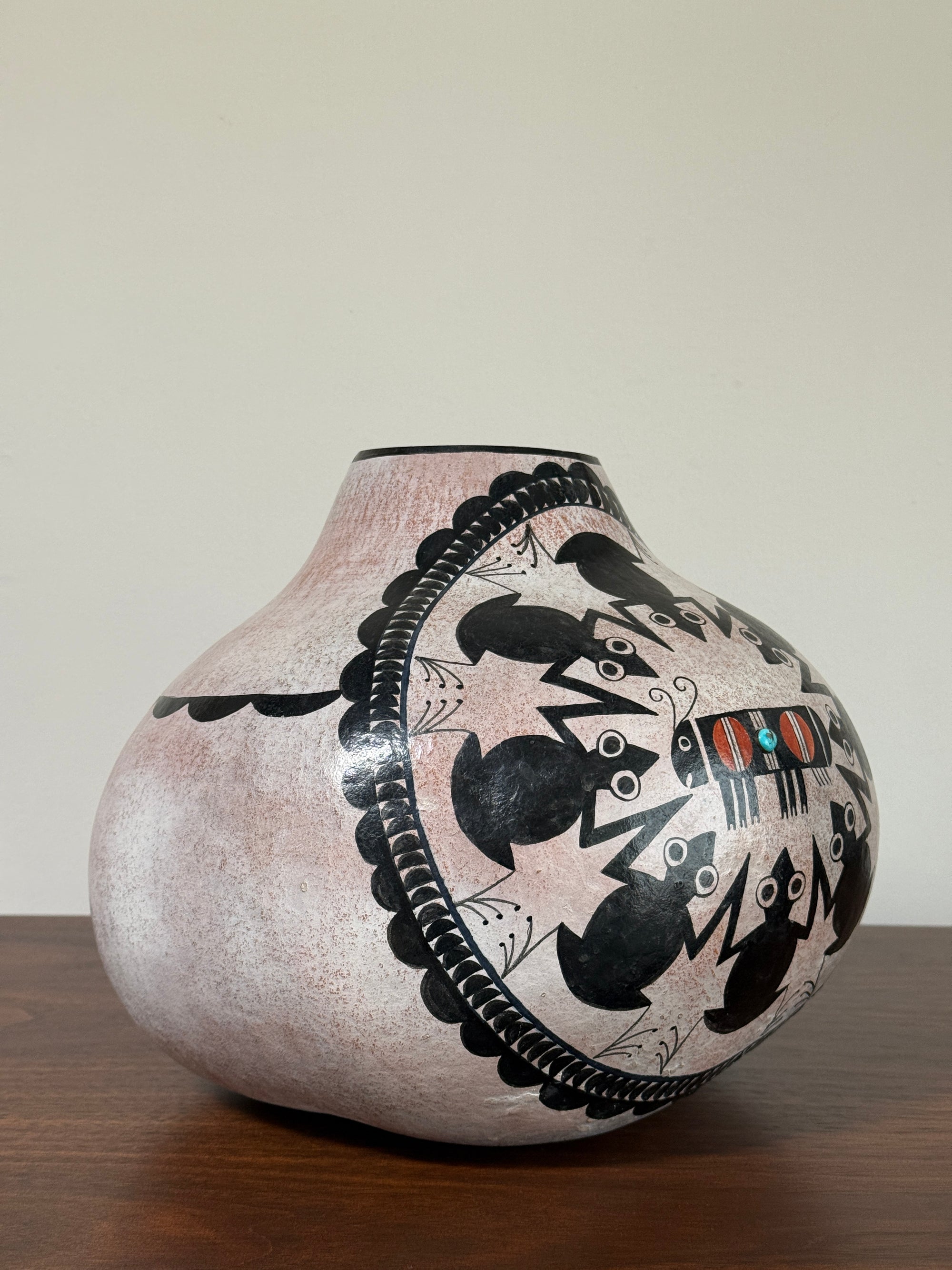 Vintage Robert Rivera Large Painted Gourd Vase | Mimbres Design Turquoise Inlay Hand Painted Bowl