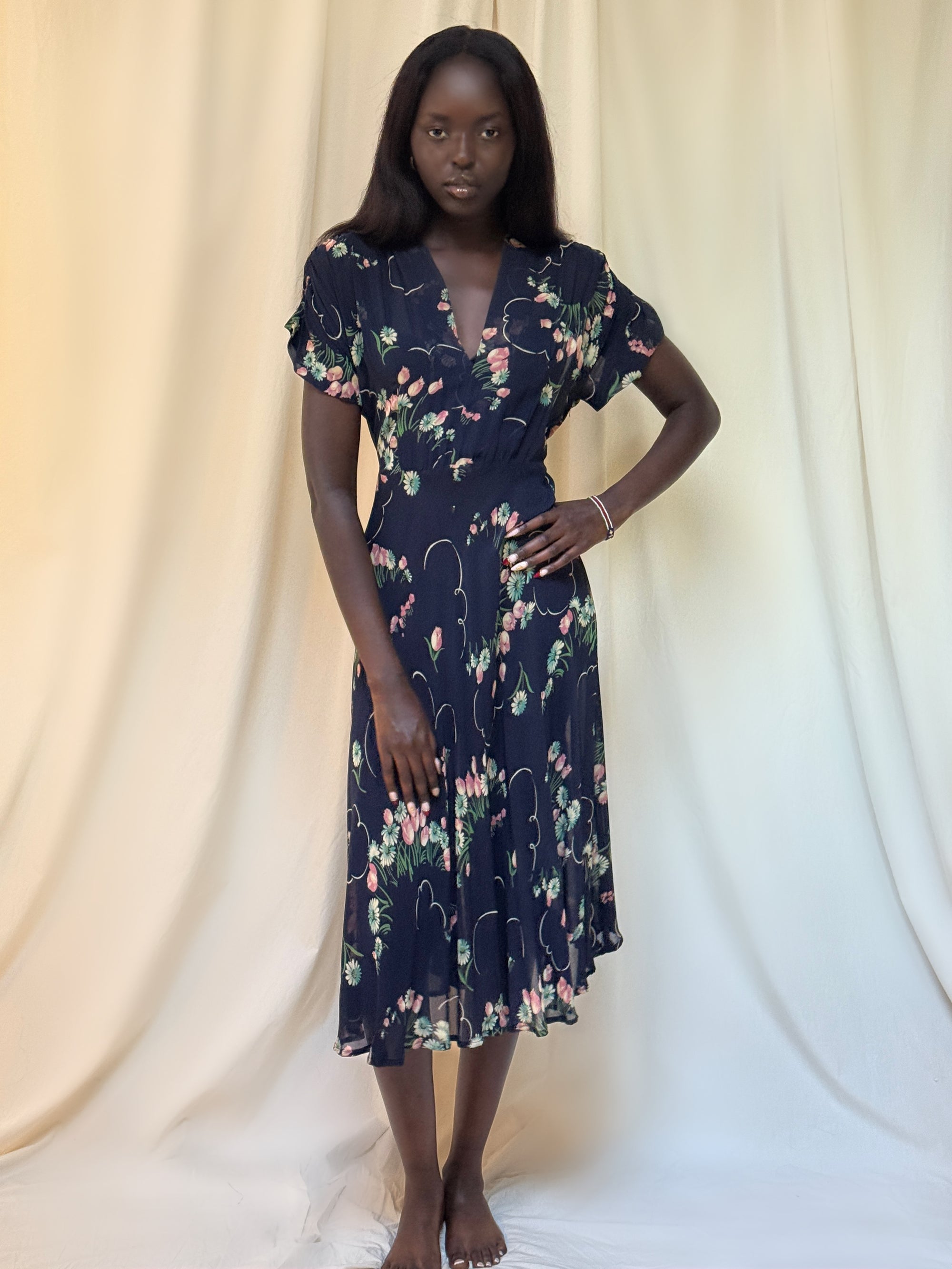 Vintage 1940’s Semi-Sheer Floral Chiffon  Dress