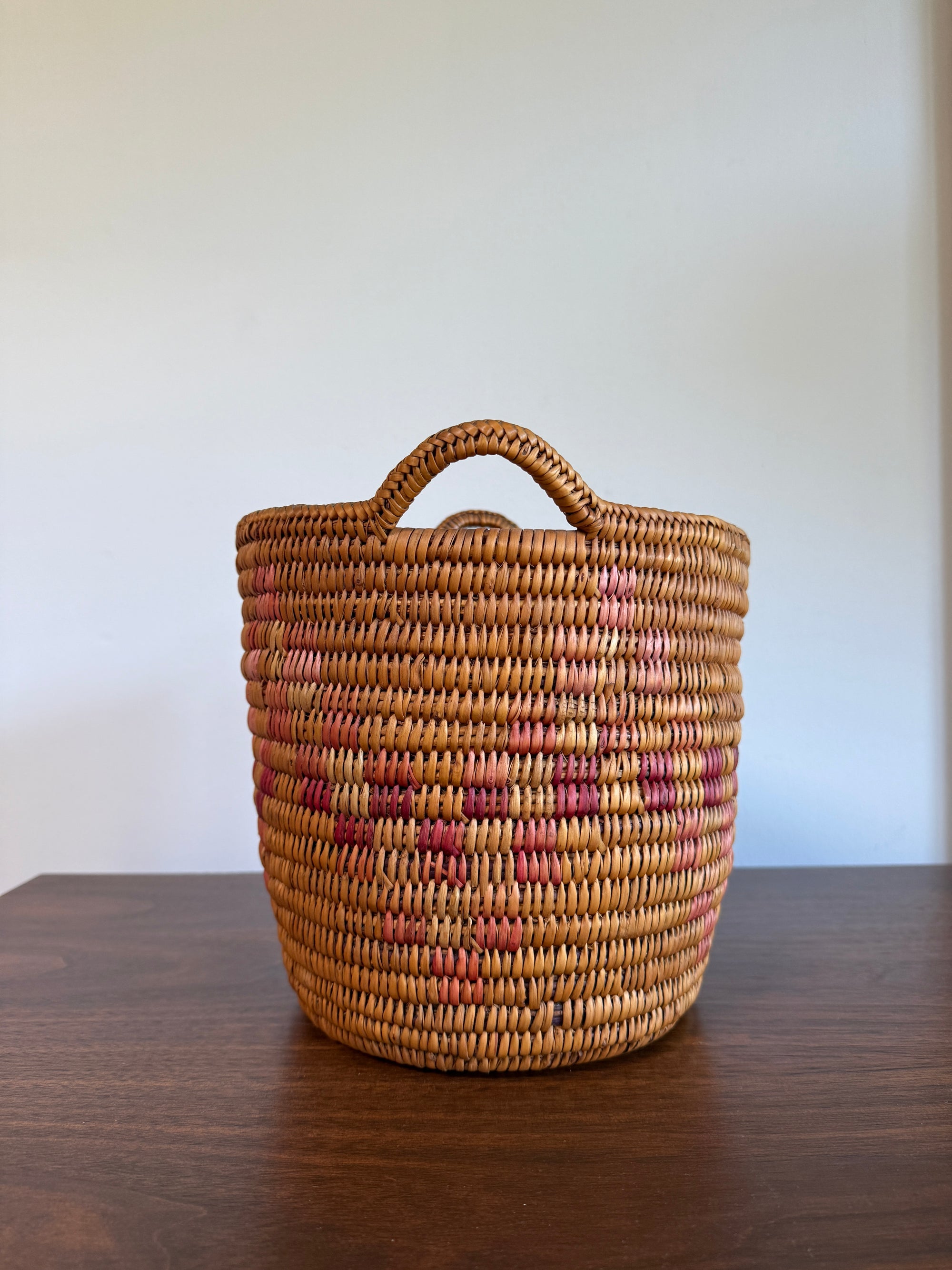 Vintage Jicarilla Apache Coil Handmade Basket With Handles | Native American Pattern Basket