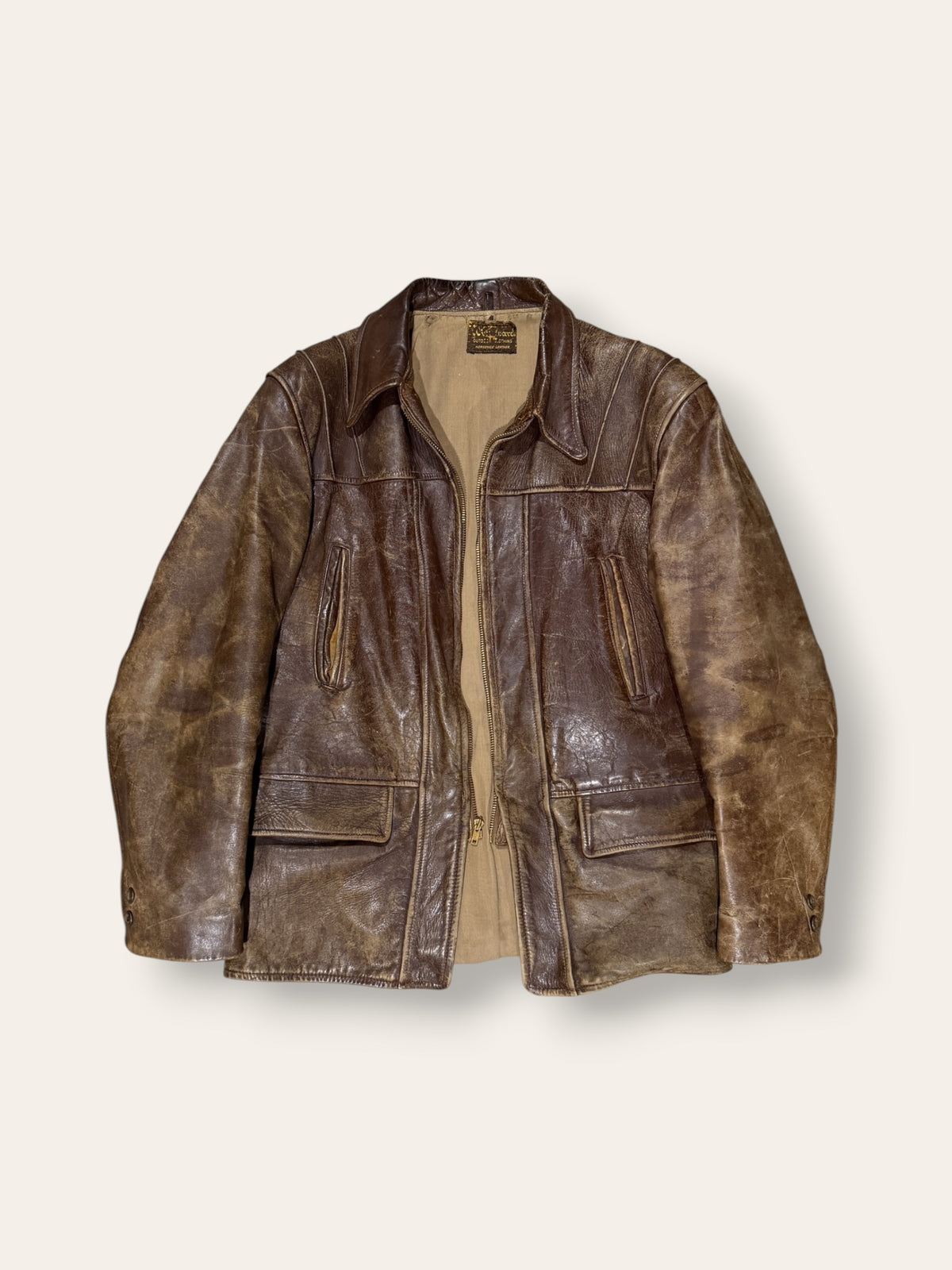 Vintage 1940-50s Windward Horsehide Leather Jacket | Montgomery Ward Brown Belted Back Jacket