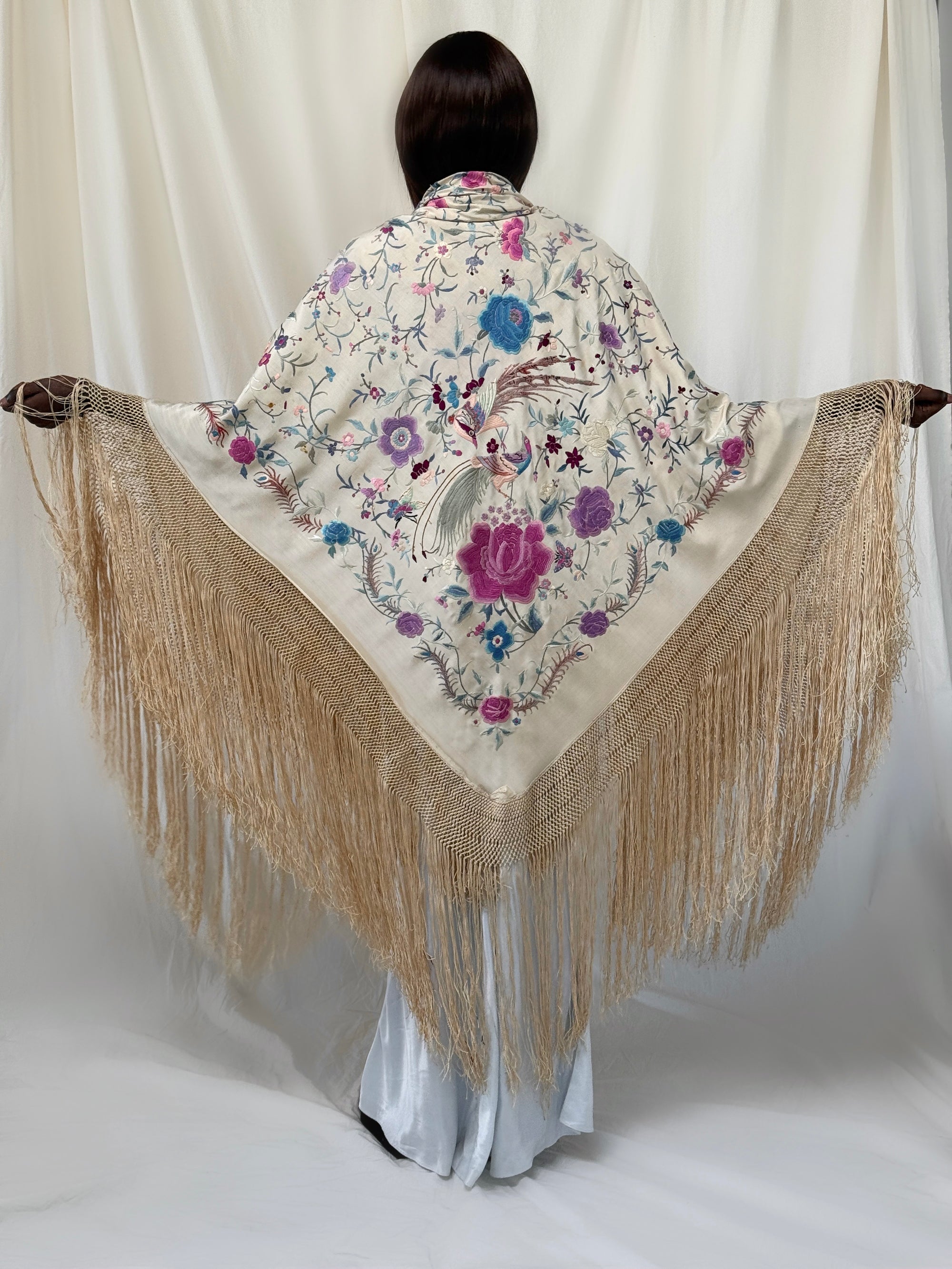 Vintage 1930s Manton de Manila Embroidered Silk Piano Shawl | Floral Bird Butterfly Motif With Long Fringe