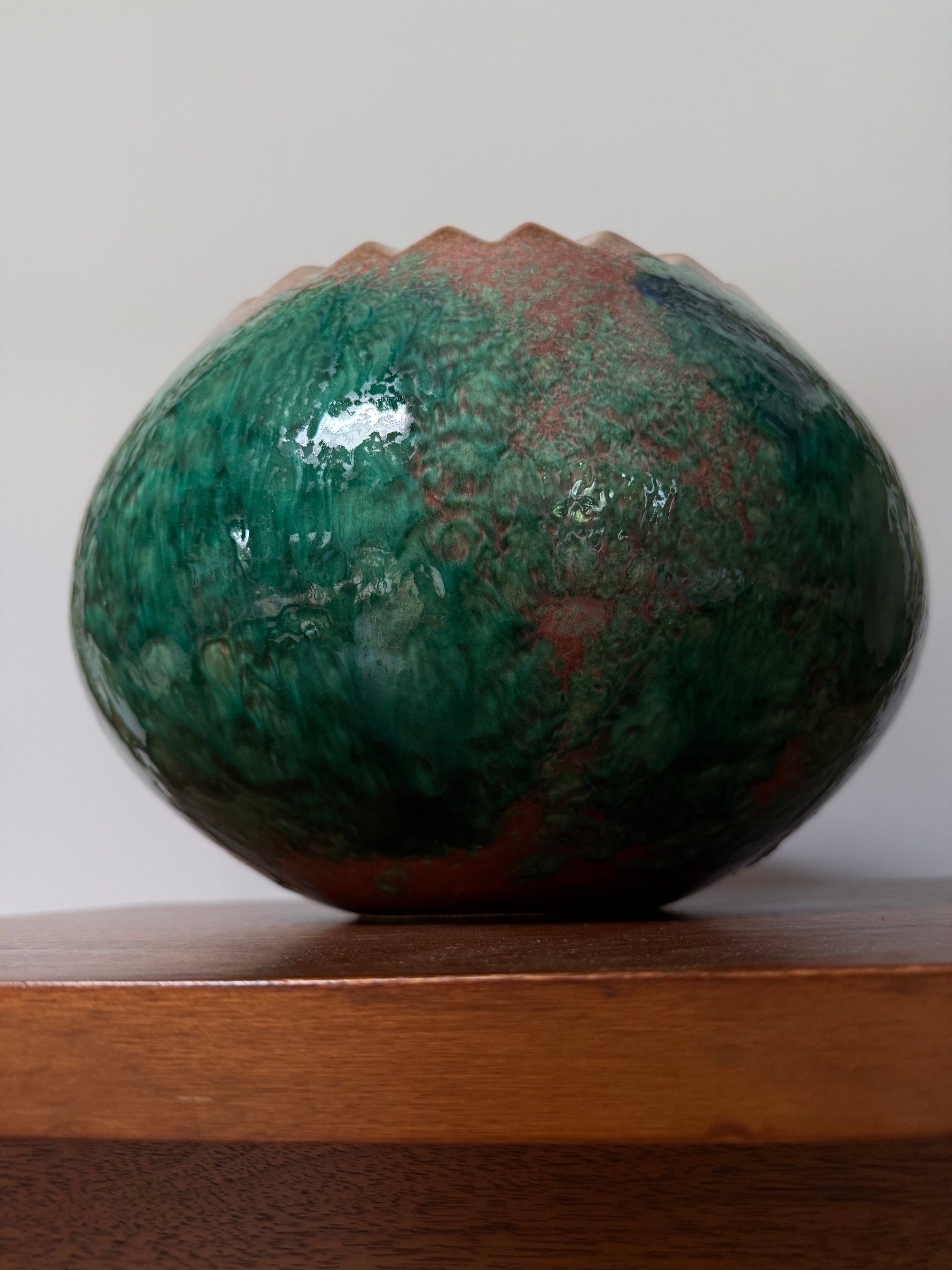 Vintage MCM Vanguard Studios Pottery Large Vase | Mid Century Modern Fluted Rim Green Glaze Studio Art Pottery Vessel USA
