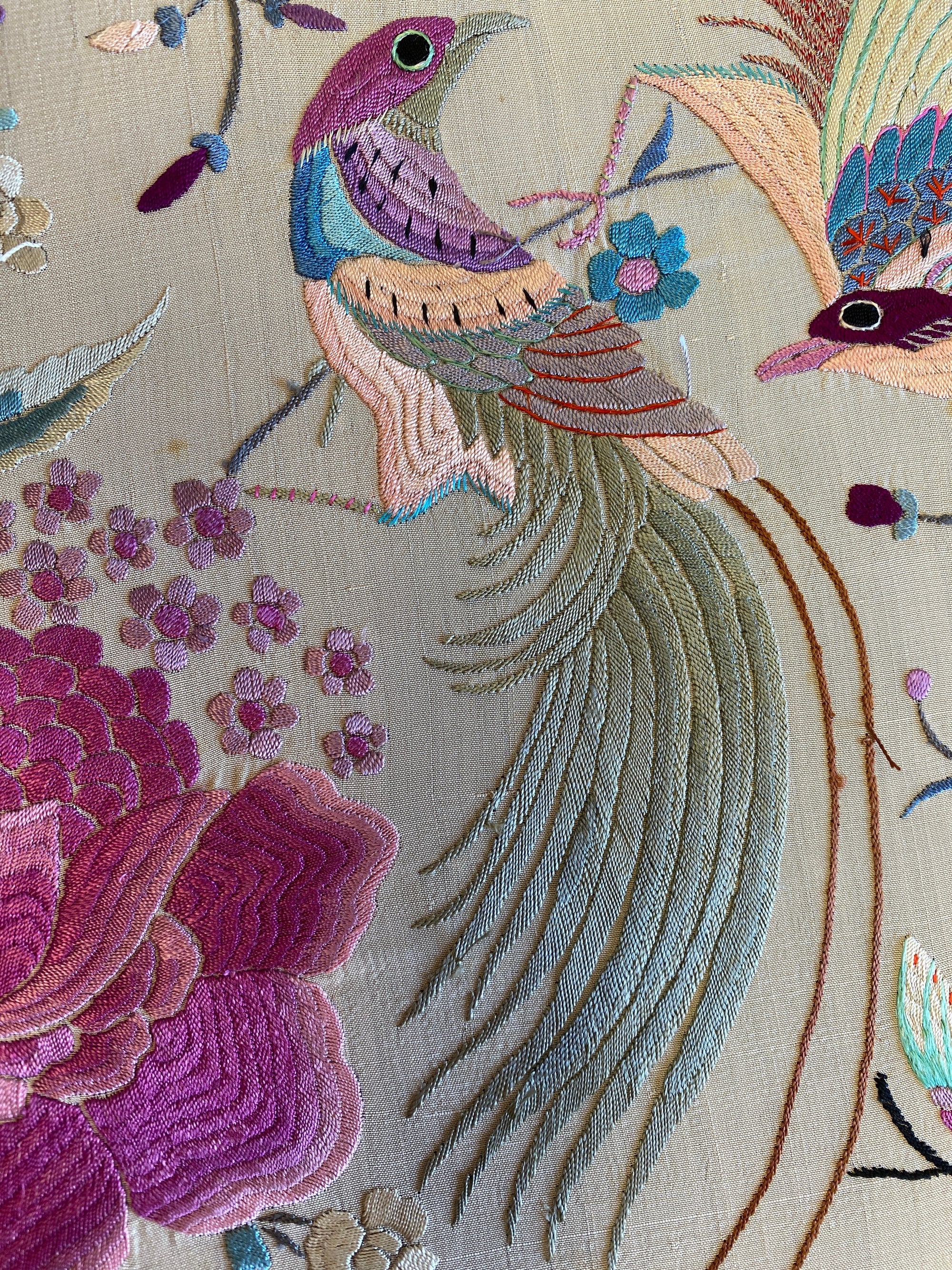 Vintage 1930s Manton de Manila Embroidered Silk Piano Shawl | Floral Bird Butterfly Motif With Long Fringe