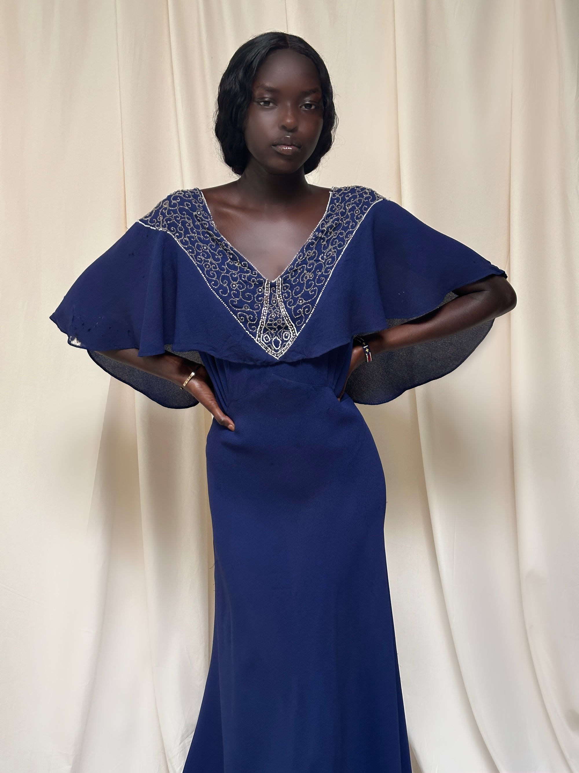 Vintage 1940s Beaded Navy Crepe Gown | Old Hollywood Evening Bias Cut Afterlife Boutique Vintage 1940s Beaded Navy Crepe Gown | Old Hollywood Evening Bias Cut Afterlife Boutique